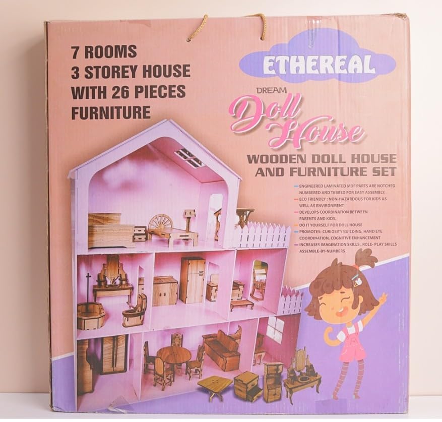 Dhairya D enterprise Wooden Big Doll House - Colorful Dollhouse with Furniture Including Kitchen, Bathroom, Living Room, & Bedroom | Pretend Role Play Set for Girls