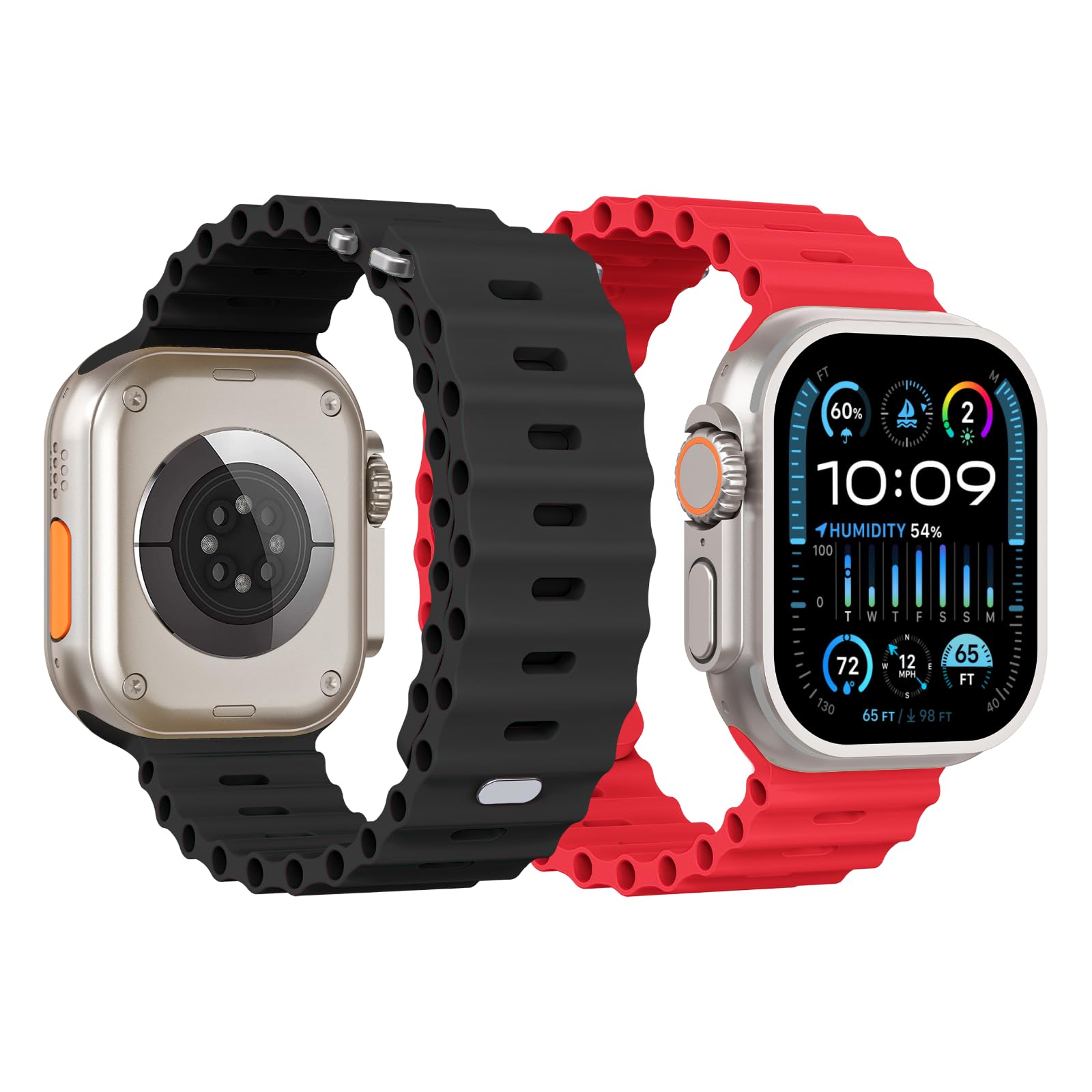 2 Packs Sport Ocean Bands Compatible with Apple Watch Band Ultra 2/Ultra SE Series 9/8/7/6/5/4/3/2/1 Silicone iWatch Band 49mm 45mm 44mm 42mm 41mm 40mm 38mm Women Men (42/44/45/49mm, Black&Red)