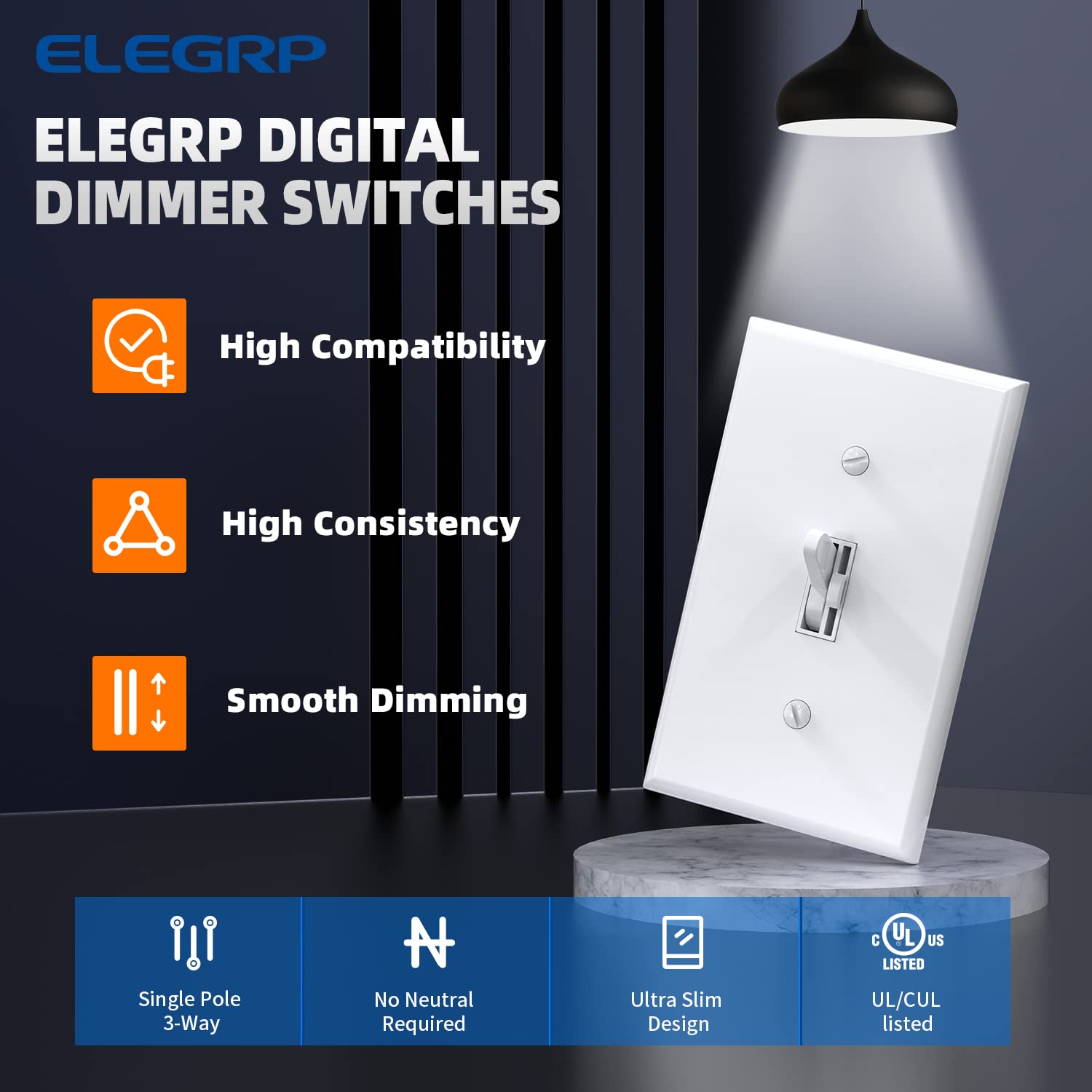 ELEGRP Toggle Dimmer Switch for Dimmable LED, CFL and Incandescent Light Lamp Bulbs, Single Pole or 3-Way, Full Control with Preset, Rocker Paddle, Wall Plate Included, UL Listed, 2 Pack, Glossy White White 2 PACK