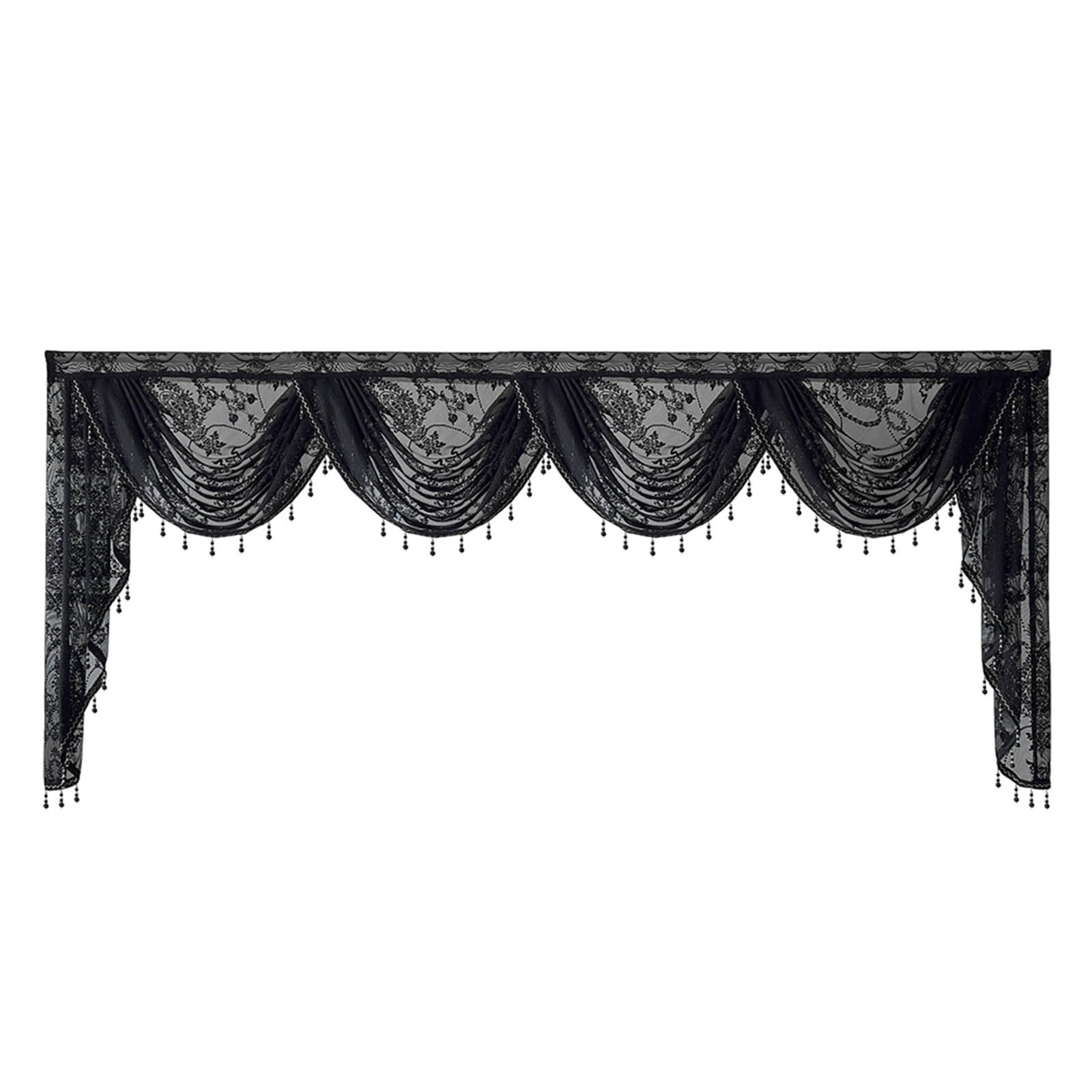 Black Lace Flower Valance Curtain Beaded Wavy Waterfall Scallop Curtain for Living Room Rod Pocket Top Window Drape (Color : Black, Size : W250cm-4swags)