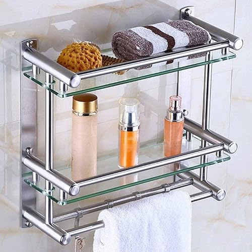 Miniatura 7 de WOLWES SUS304 - Estante de cristal de baño de acero inoxidable con toallero y gancho movible, montaje en pared a prueba de óxido, 15.7-19.7 in,