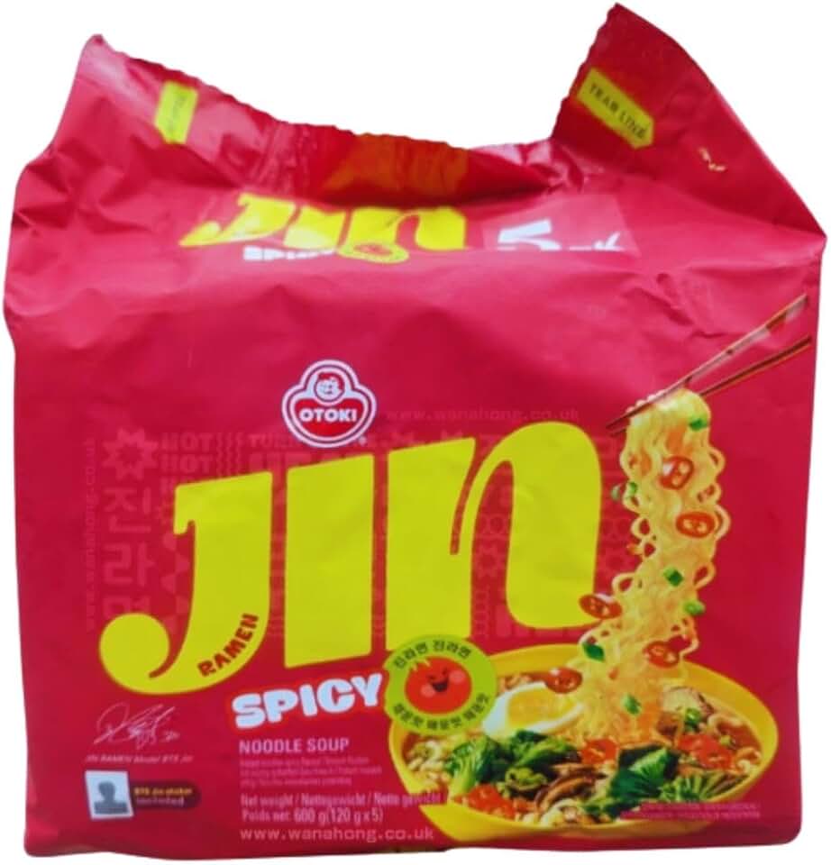 MACARRÃO COREANO INSTANTÂNEO | LAMEN JIN SPICY | PACK 5X + STICKER ADESIVO | 5 PACOTES + 1 STICKER