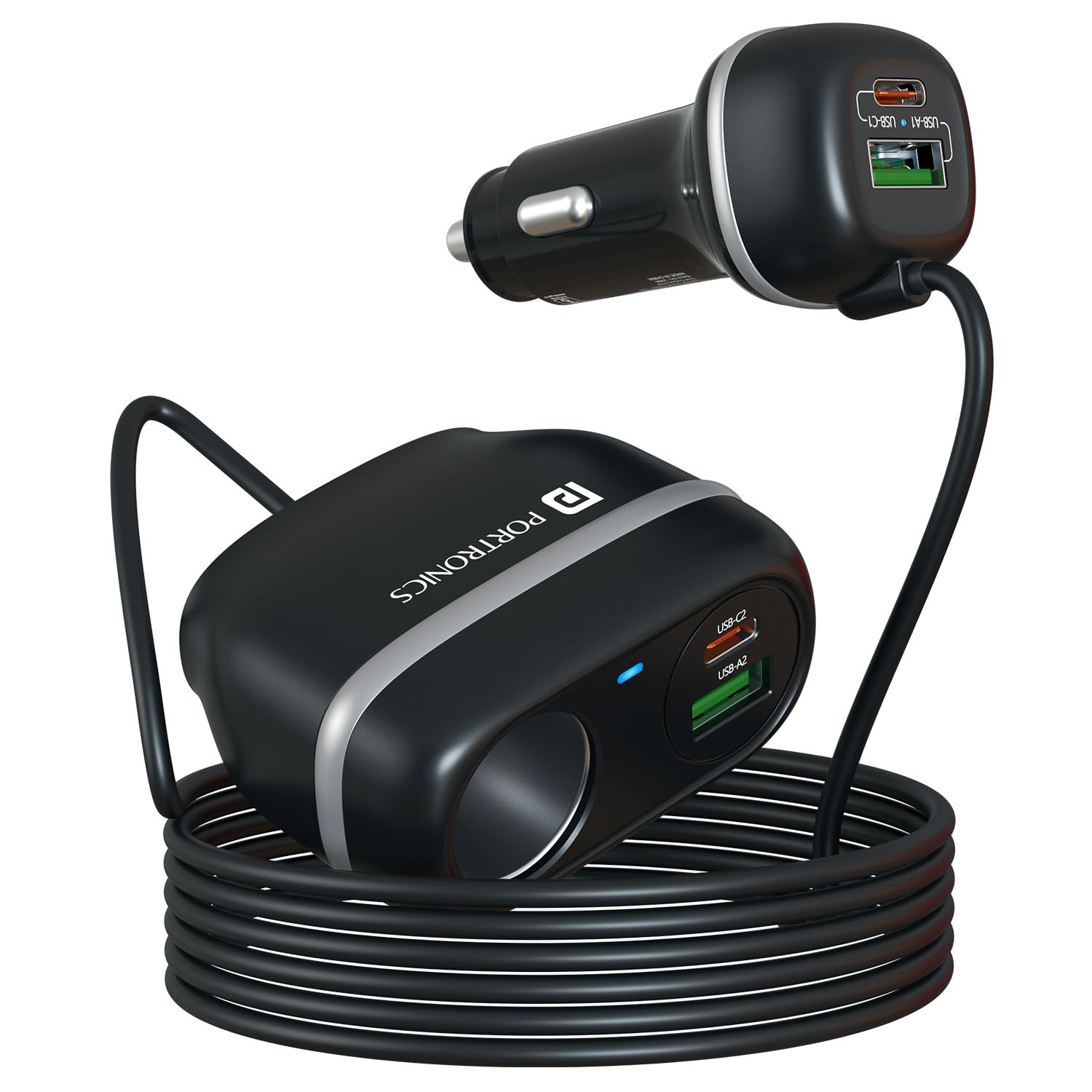 Portronics Car Power Trail 111W Car Charger, 4 Port Fast Car Charger, Dual 30W Type-C PD, Dual 22.5W USB-A, Front&Back Seat Charging with Cigarette Lighter Socket, Car Travel Essentials for Road Trips
