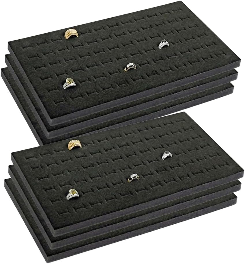 RJ Displays 72 Slot Black Ring Display Inserts for standard Jewelry tray size 14 1/4" x 7 3/4" x 1/2" Inch for Showcase, Counter top display. Micro Fiber polishing cloth included (Black, 6 Pack)