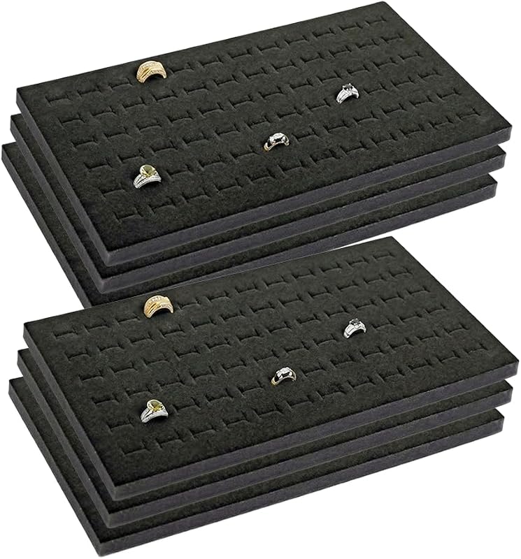 RJ Displays 72 Slot Black Ring Display Inserts for standard Jewelry tray size 14 1/4" x 7 3/4" x 1/2" Inch for Showcase, Counter top display. Micro Fiber polishing cloth included (Black, 6 Pack)