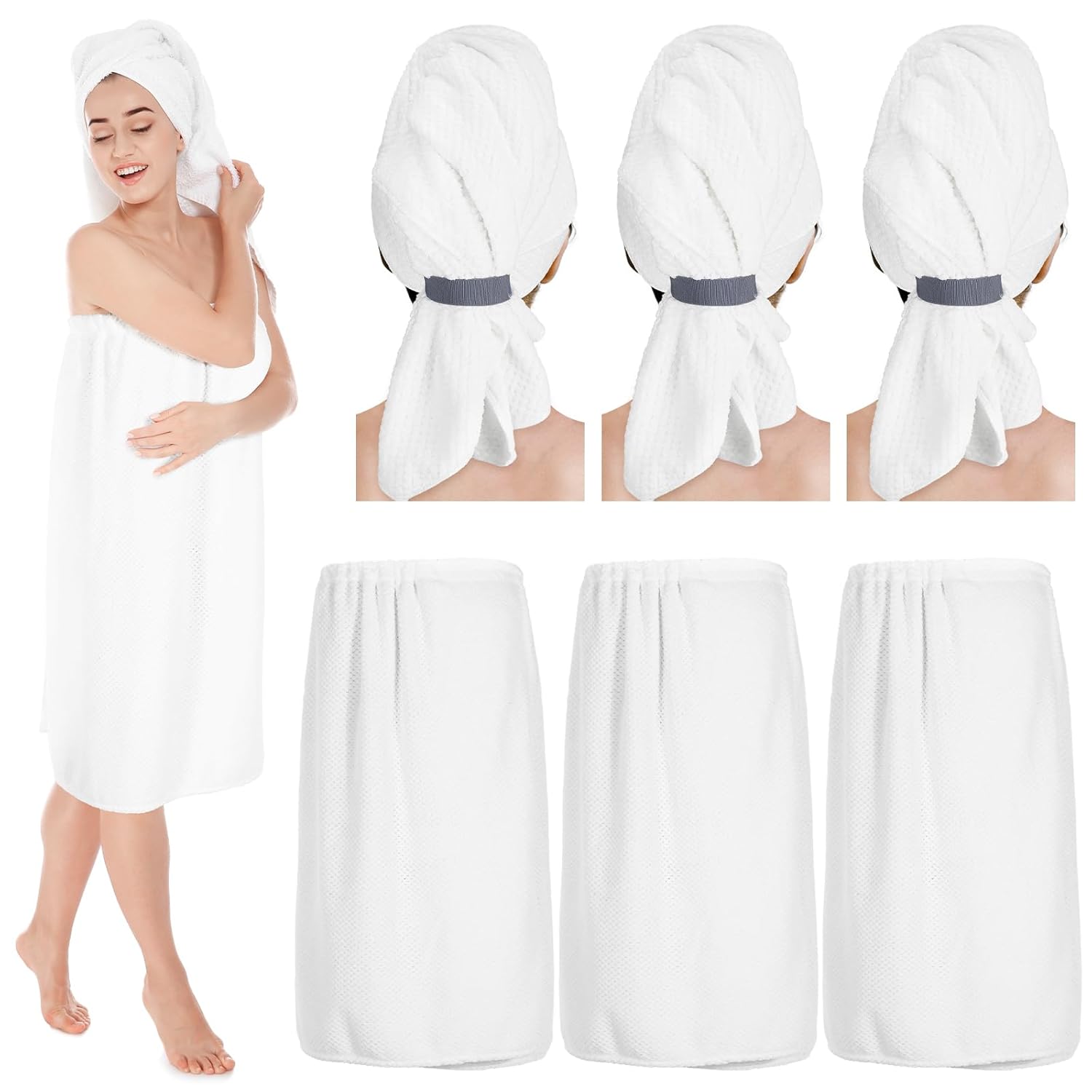 Shinymoon 6 Pcs Women Bath Wrap Towel and Hair Drying Towel Waffle Spa Wrap Set Absorbent Microfiber Bath Towel Wrap Adjustable Bath Tube Dress and Drying Turban Cap with Elastic Band to Mother Summer