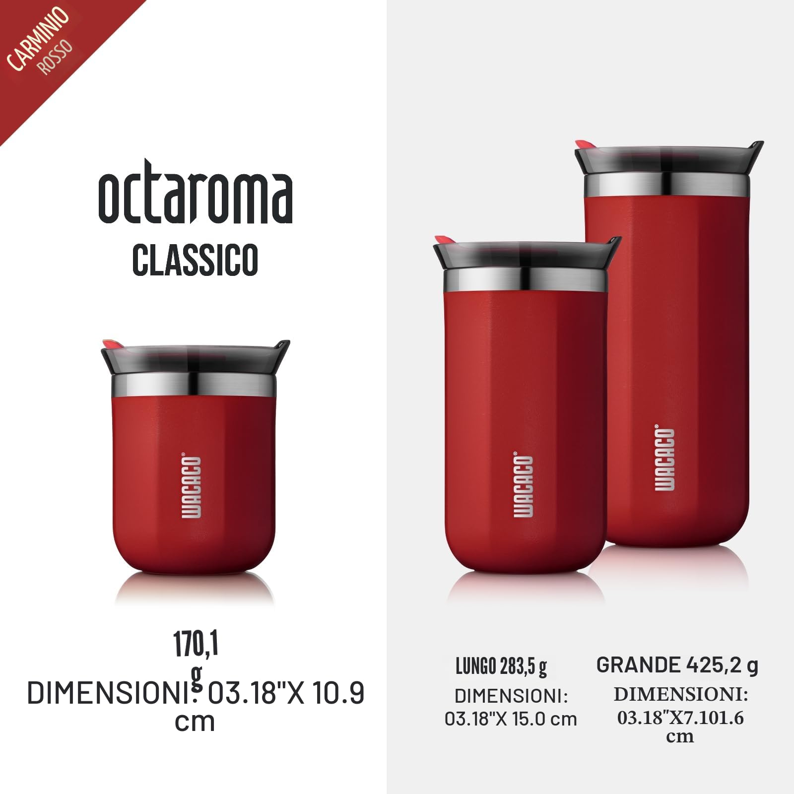 WACACO Octaroma Classico Tazza Termica Caffe con Isolamento Sottovuoto, Bicchiere da Viaggio in Acciaio Inossidabile a Doppia Parete con Coperchio, 6 fl oz (180ml), Rosso