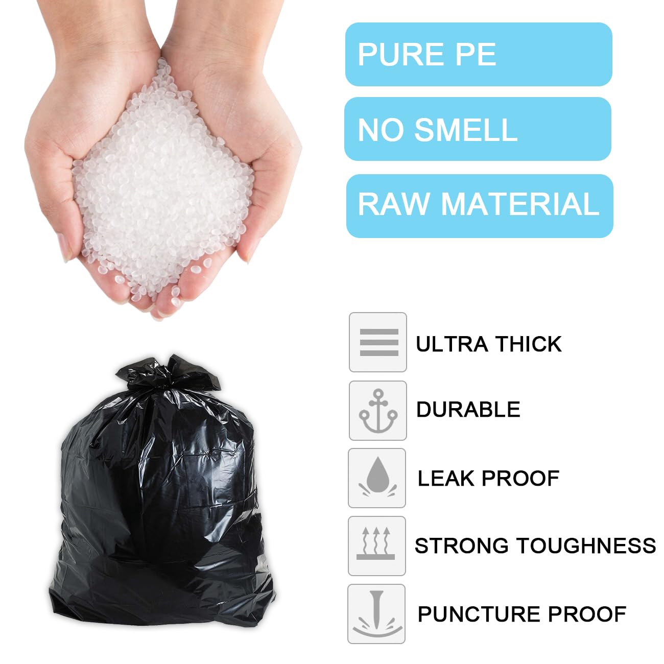 10 Gallon Black Trash Bags, 18 Micron Thick Garbage Bags for Office Kitchen, 90 Count