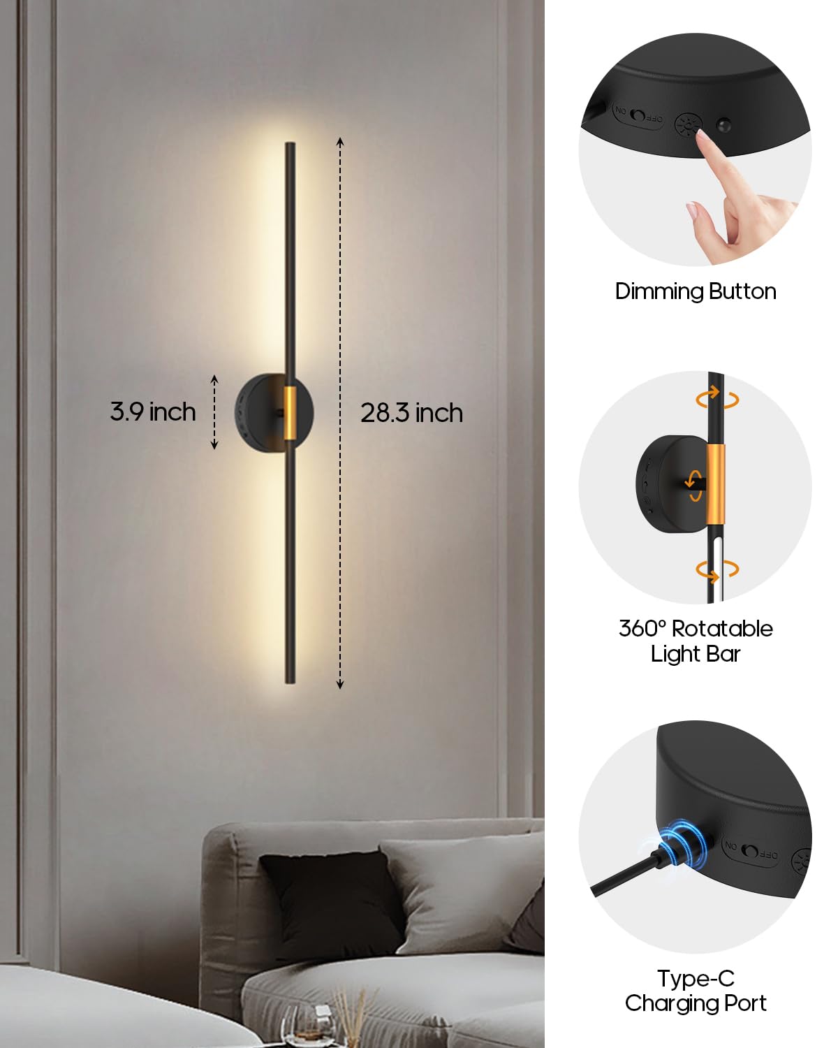 GOODEA 72cm Aufladbare LED Wandleuchte Akku ohne Strom ohne Bohren 2er-Set | 350° drehbare Kabellose Wandlampe Innen mit Fernbedienung & Timer, dimmbares Warmweiß für Schlafzimmer, Wohnzimmer, Esszimmer