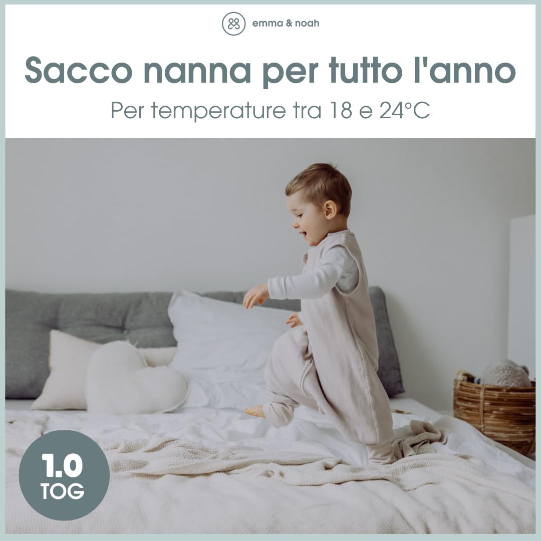 emma & noah Sacco nanna con piedi, 1.0 TOG, per tutto l'anno, con gambe, per primavera, estate e autunno, 100% cotone biologico, certificato Oeko-TEX (Essential Mint, 70 cm)