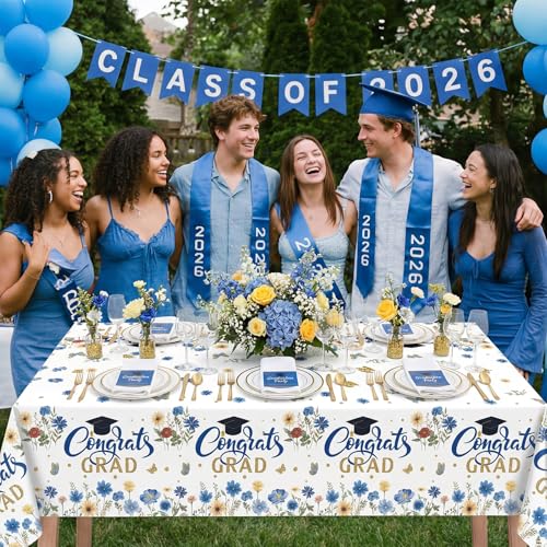 Image of Ganeen 3 Pcs Graduation Tablecloth Floral Class of 2026 Congrats Grad Table Cloths Blue Disposable Plastic Rectangle Table Cover for 2026 Graduation Decorations Grad Party Supplies, 54 x 108 Inch