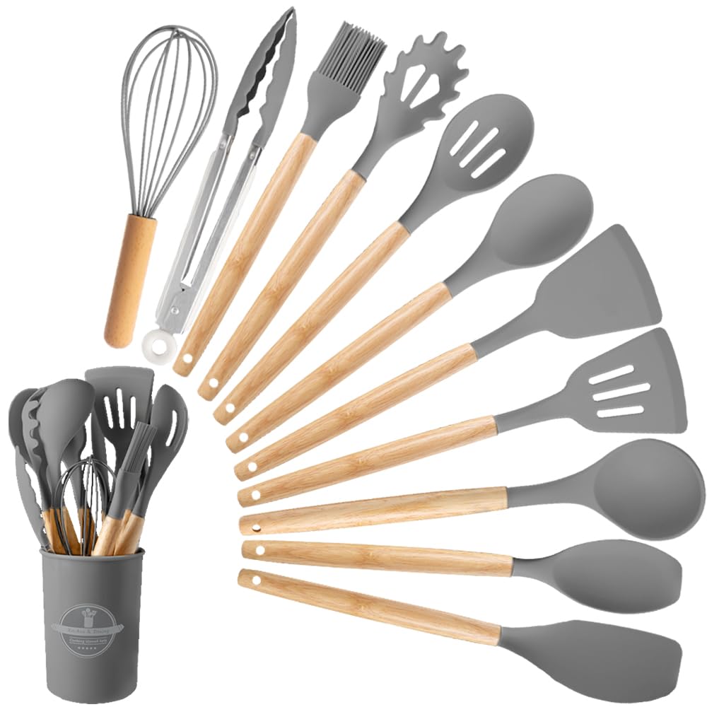 Comfoyar Set De 7 Ustensiles De Cuisine En Bois Hêtre - Cuillères, Spatules, Ladle Anti-Adhésives