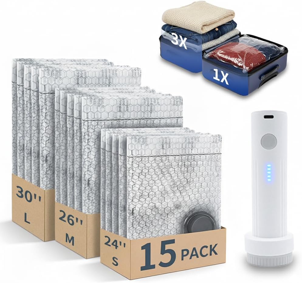 Vacuum Storage Bags for Travel with Portable Pump, 15PCS Reusable Compression Bags for Clothes Luggage Bedding, Space Saver Bags for Travel & Home Organization, 3-Size Set (S/M/L)