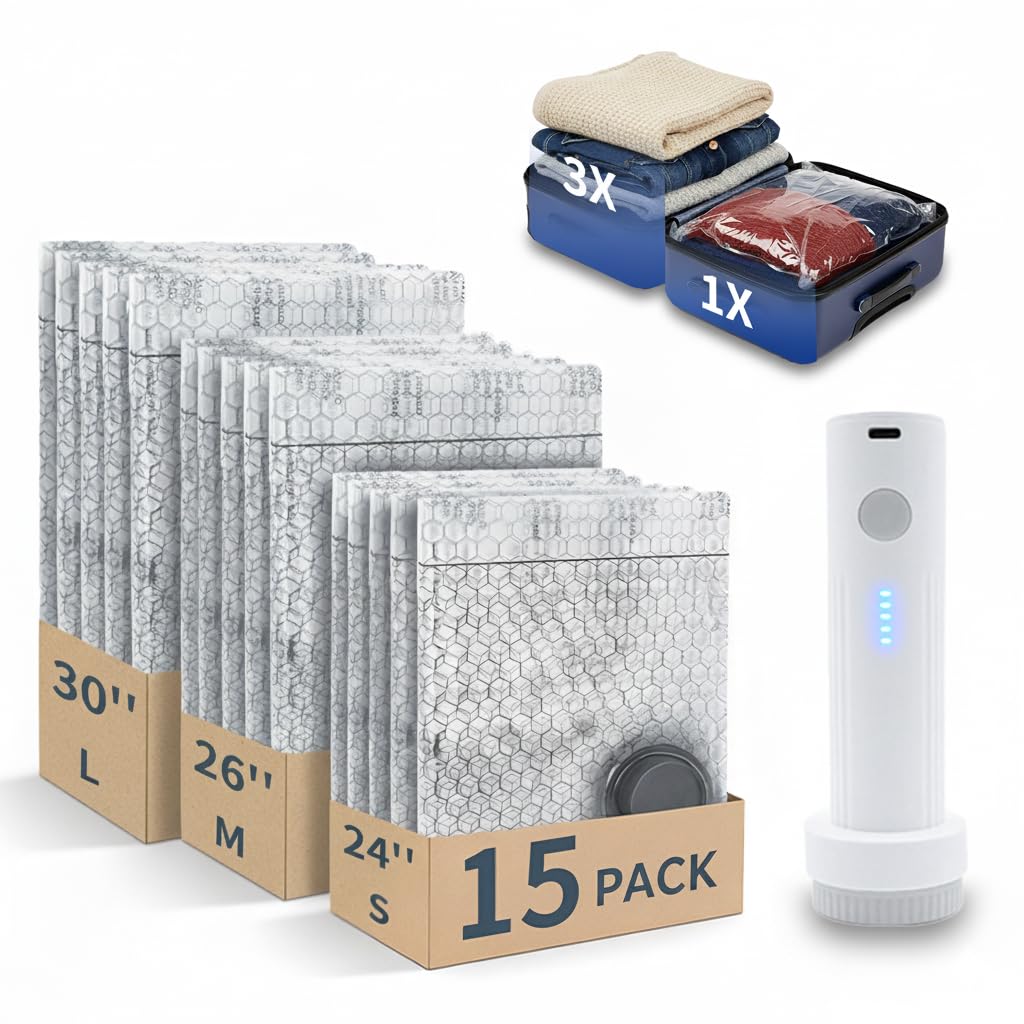 Travel Vacuum Storage Bags with Rechargeable Electric Pump, 15 Pack 3 Sizes Compression Bags for Clothes, Portable Space Saver Bags for Suitcase Luggage