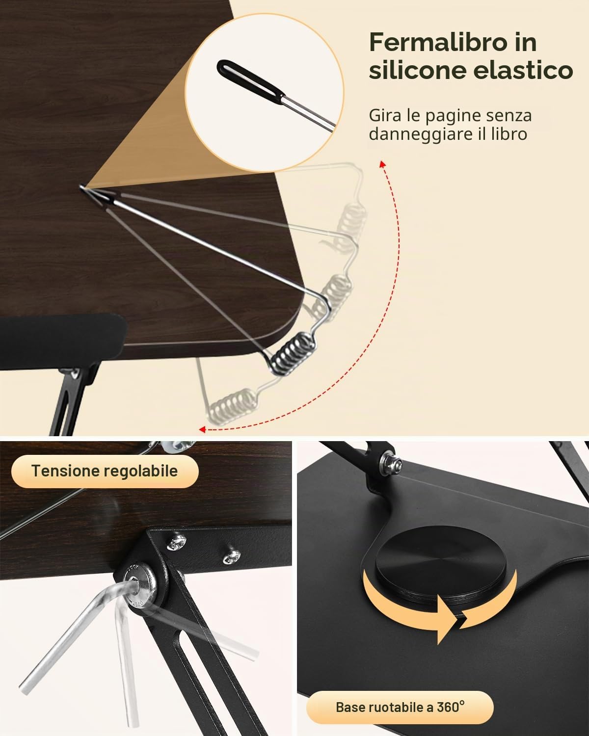Leggio per Libri in Legno, Supporto Libri per Lettura con Base Girevole a 360°, Altezza Regolabile Bookstand, Pieghevole, per Libri, Cuochi, Tablet, Spartito (01)