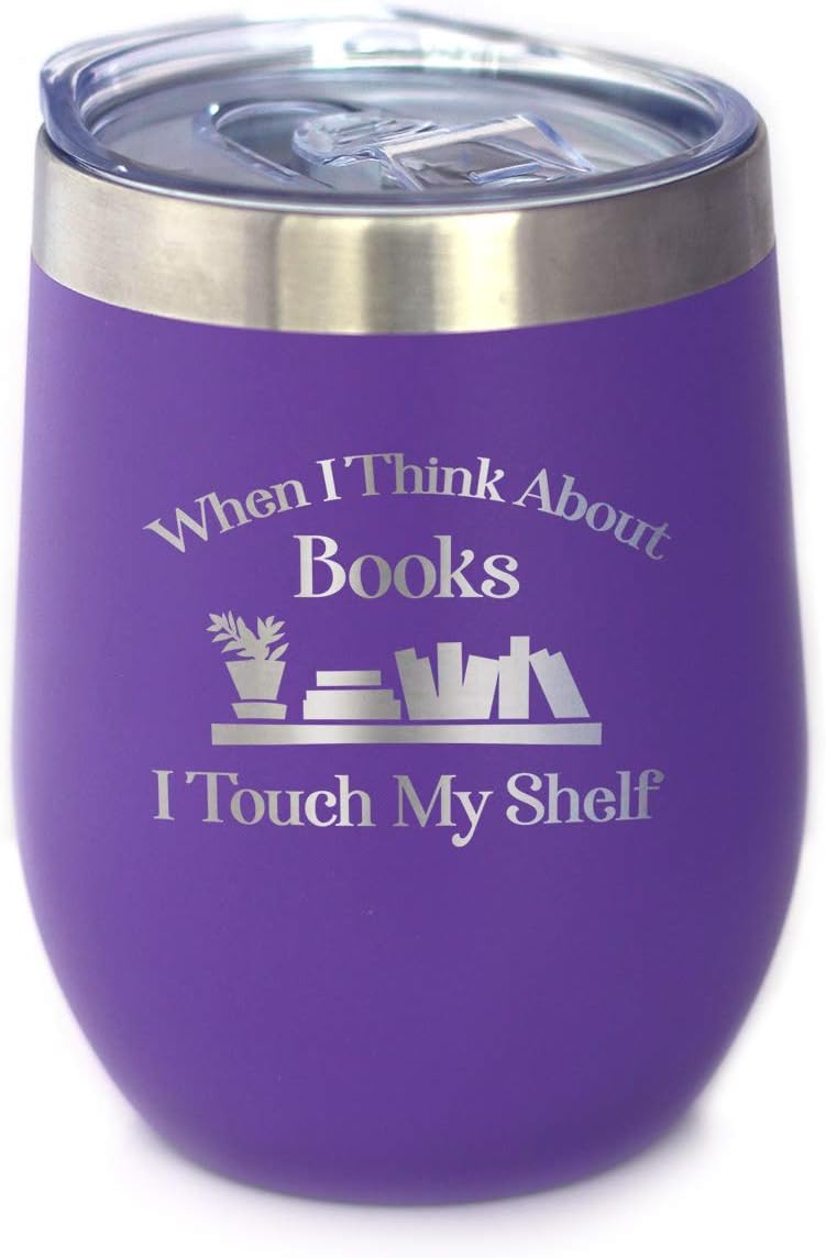 Touch My Shelf - Wine Tumbler with Sliding Lid - Stemless Stainless Steel Insulated Cup - Lovers of Reading & Books Outdoor Mug - Teal