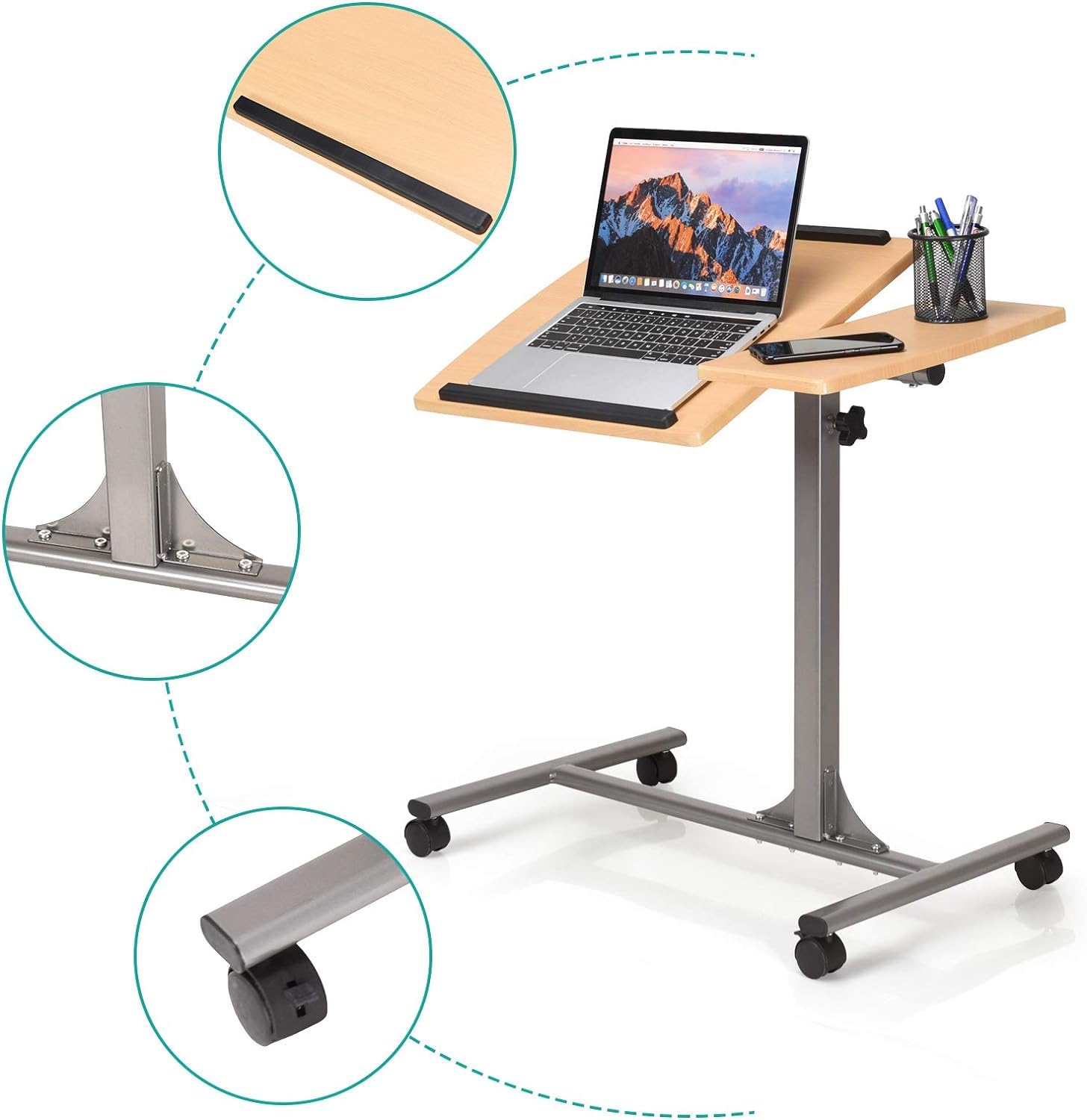 RELAX4LIFE Table de Lit pour Ordinateur Hauteur Réglable 64x45x64-95CM avec 4 roulettes Tablette Inclinable (Naturel)