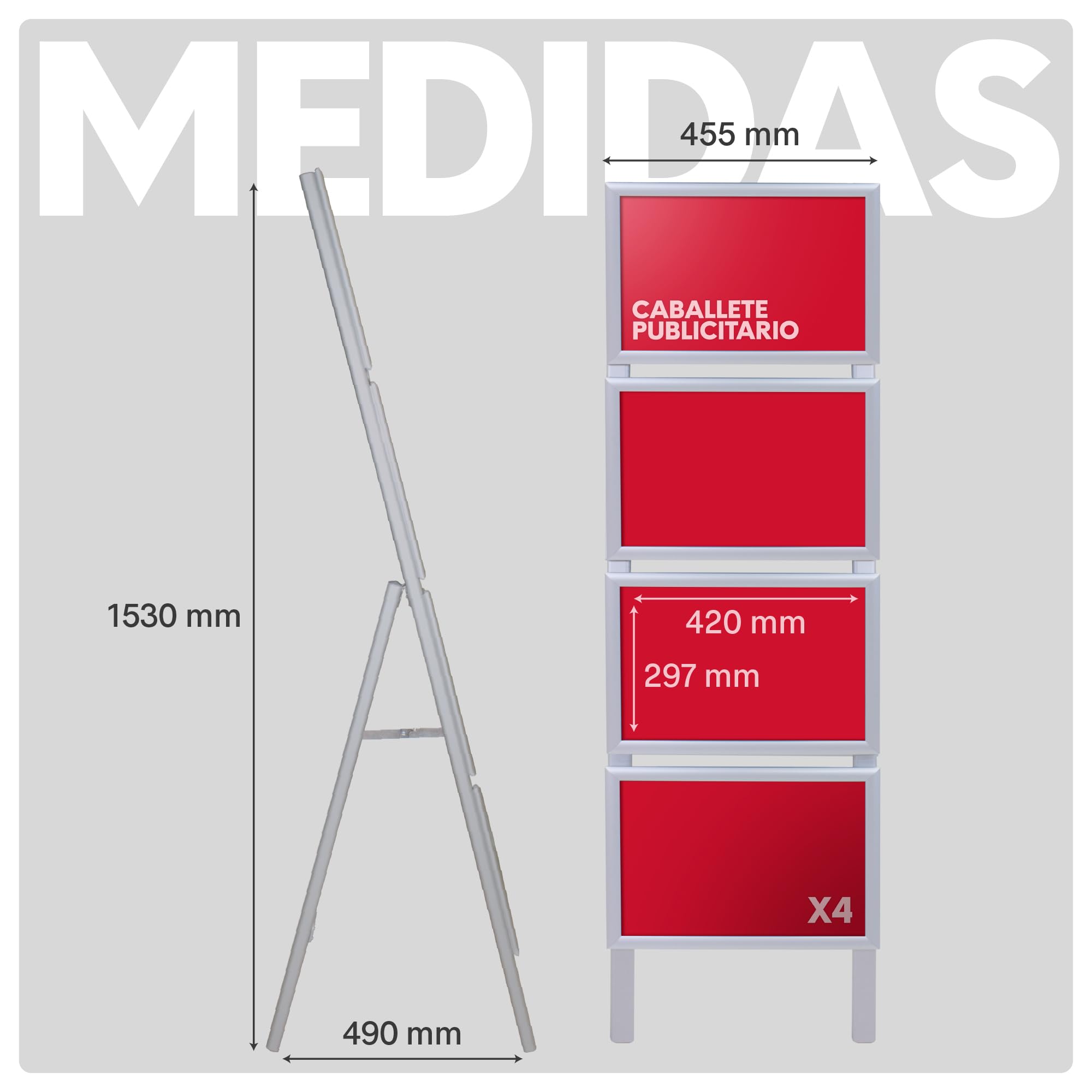 Caballete para Pósters Informativos | Soporte Publicitario con 4 Marcos A3 a 1 Cara | Expositor de Aluminio y Plástico con Sistema Click | Para Comercios, Hostelería y Eventos
