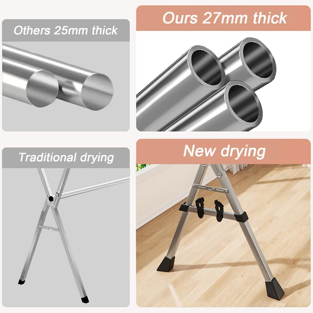 Foldable Drying Rack with Shoe Holder - Retractable X-Shaped Stainless Steel Clothes Dryer with Non-Slip Feet, Clips & Hooks - 240cm/94.5in Laundry Drying Solution