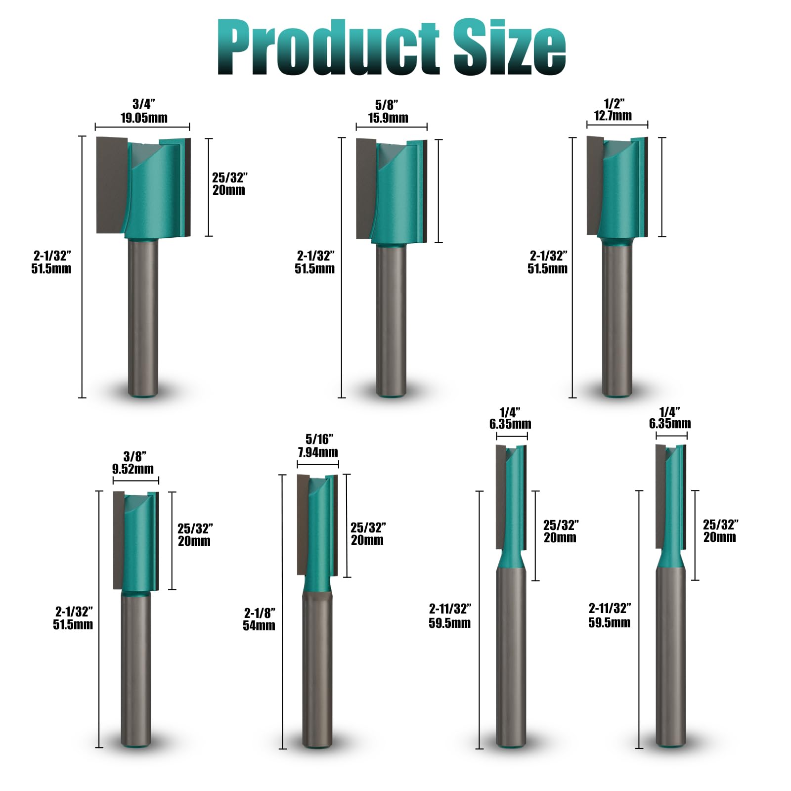 CSOOM 7Pcs Straight Router Bit Set 1/4