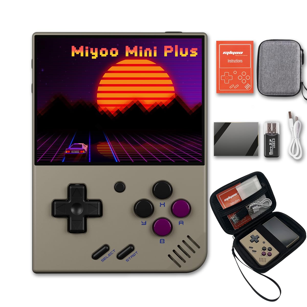 Mini Plus Handheld Game Console 3.5-inch 640*480 IPS Screen 3000mAh Mini+ with Portable Case Retro Gray