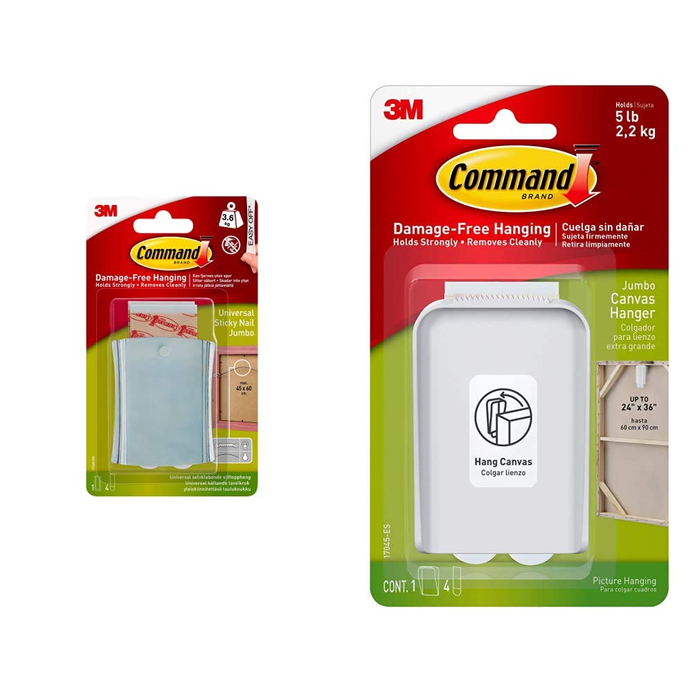CommandCommand 17048 Wire Backed Metal - Sticky Nail and Stabiliser Strips - Silver & 3M 17045-ES Command Jumbo Canvas Hanger White Hooks and 4 Strips, Acrylic, Multicoloured,