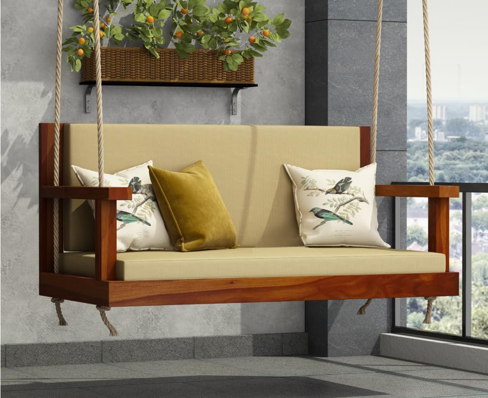 ONIJA Wooden Garden Zula Swing Hammock Chair Wooden Hanging Swings | Jhula for Balcony, Sheesham Wood Indoor Outdoor-image-3