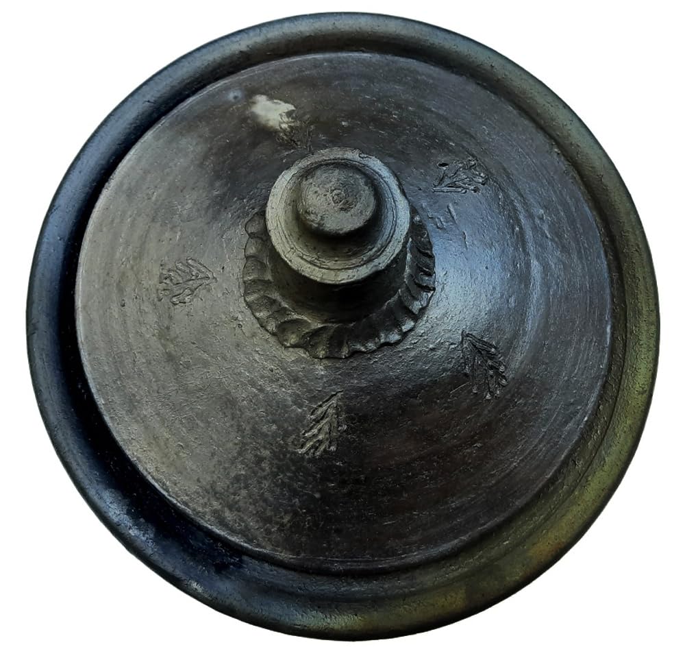 Village Kraft Pre-Seasoned Smooth Finish Unglazed Clay/Earthenware/Mitti/Mud/Mati/Tapa Saj/Sac/Naturally Non-Stick Tawa with Lid for roti Fulka/Chapati/Paratha/Chila & dosa,27 cm,Black,1 Set