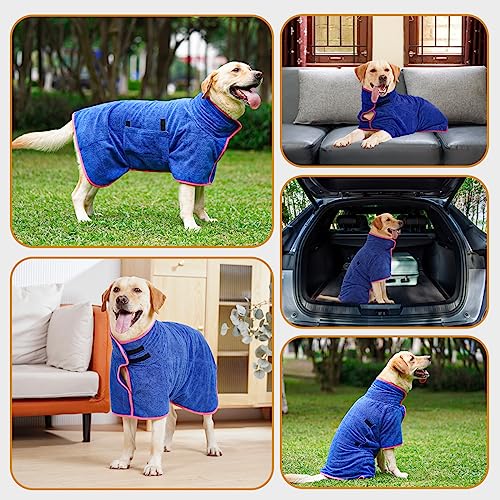 HezzLuv Bademantel für Hunde, Hundebademantel aus Mikrofaser für mittlere und große Hunde, super saugfähiger Haustier Trockenmantel, ganzjahres schnell trocknendes Handtuch (Blau,L)