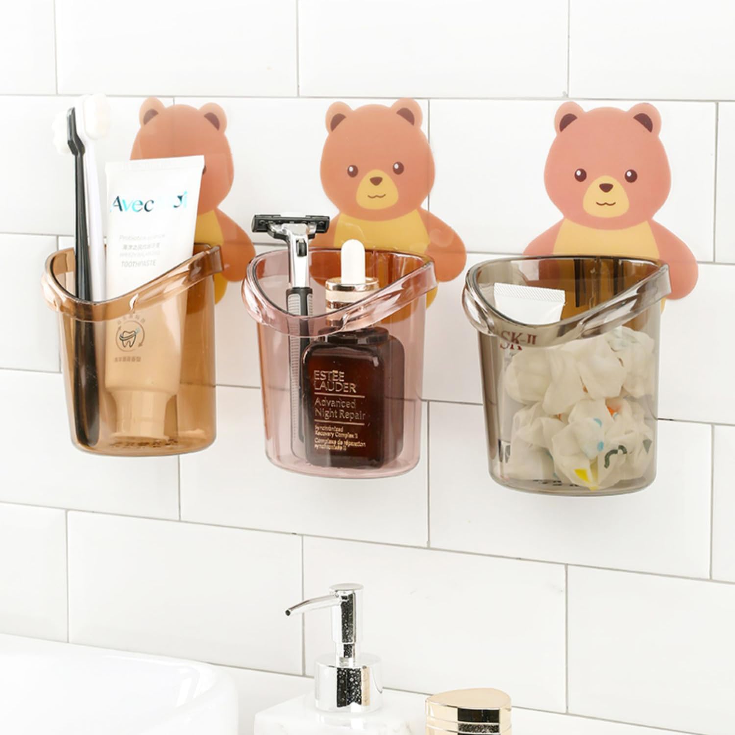 Plastic Toothbrush Holders Waterproof Self Adhesive Wall Mount For All Types Tooth Brush Toothpaste Face-Cream Lotion Comb Teddy Bear Shaped With Water Drain Hole(3 Pcs Multicolor)
