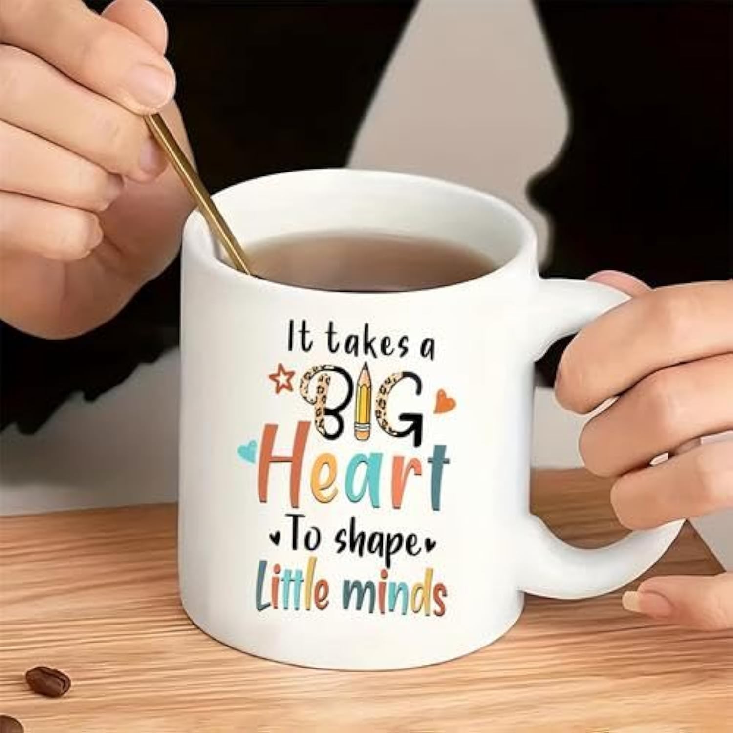RYN® PRINTED DESIGN 11oz Teacher Appreciation Ceramic Coffee Mug - Reusable, Machine-Washable Cup with Inspirational Quote 'It Takes a BIG Heart to Shape Little Minds.