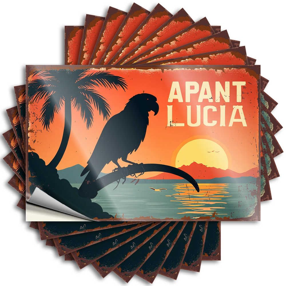 Sticker Funny Room Decor Durable Vinyl - Parrot Perched On A Branch Against A Sunset Sky with Palm Trees A Laptop for Gamers Use(6X9CM)