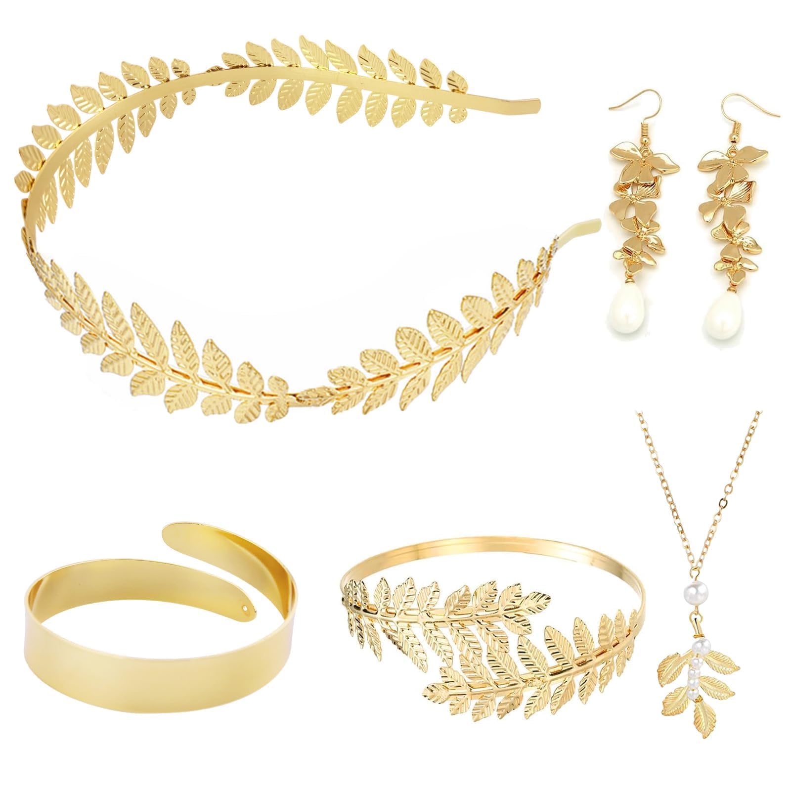 6-Piece Greek Goddess Costume Accessories Set Roman Toga Party Headband Upper Arm Cuff, Bracelet, Band Earrings Women’s Cosplay Jewelry Gold