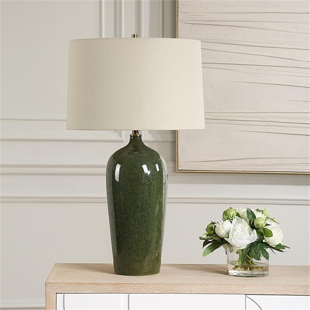 BOWERY HILL Ceramic Table Lamp, 27.5" H x 16" W x 16" D, Distressed Emerald Green Glaze with Antique Brass Accents, Beige Linen Shade, Contemporary Style Desk or Living Room Lighting