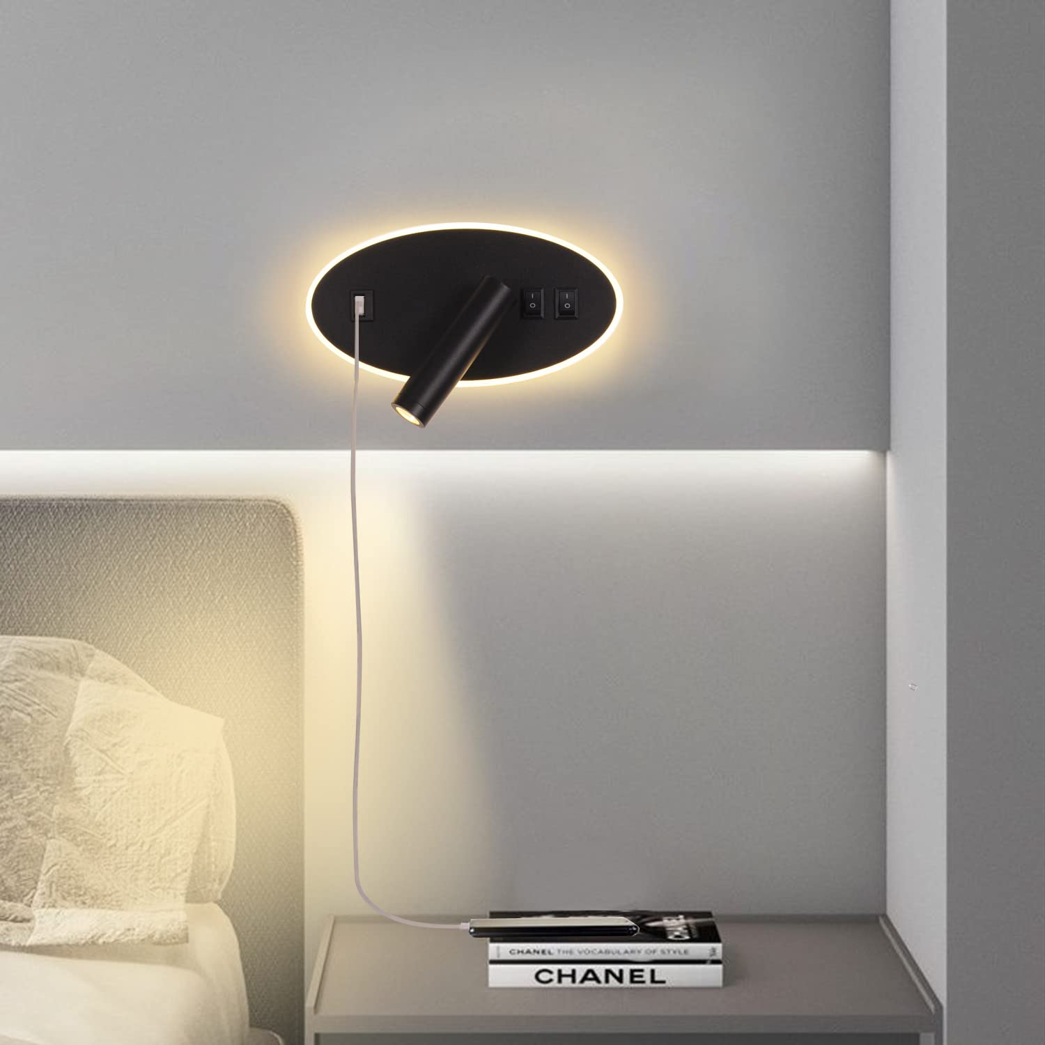 Applique da comodino orientabile Porta di Ricarica USB Lampada da Parete camera da letto Faretto da camera da letto luce per la lettura LED (3W + 9W 3000k)