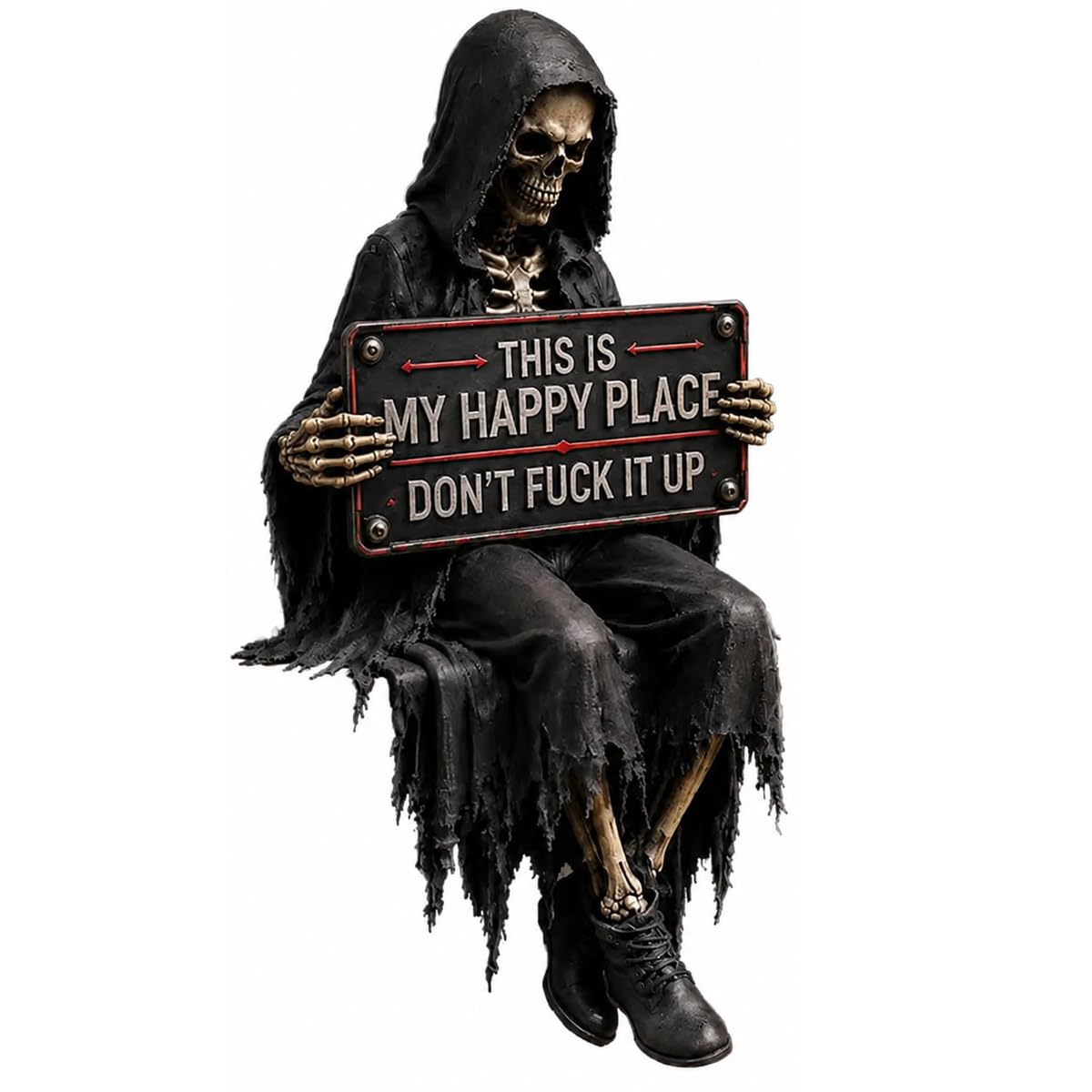 This Is My Happy Place Skeleton Bookshelf Decor, Funny This Is My Happy Place Don’t Fuck It Up Gothic Skeleton Statue, Reaper Shelf Decoration for Library, Reading Room (#A)