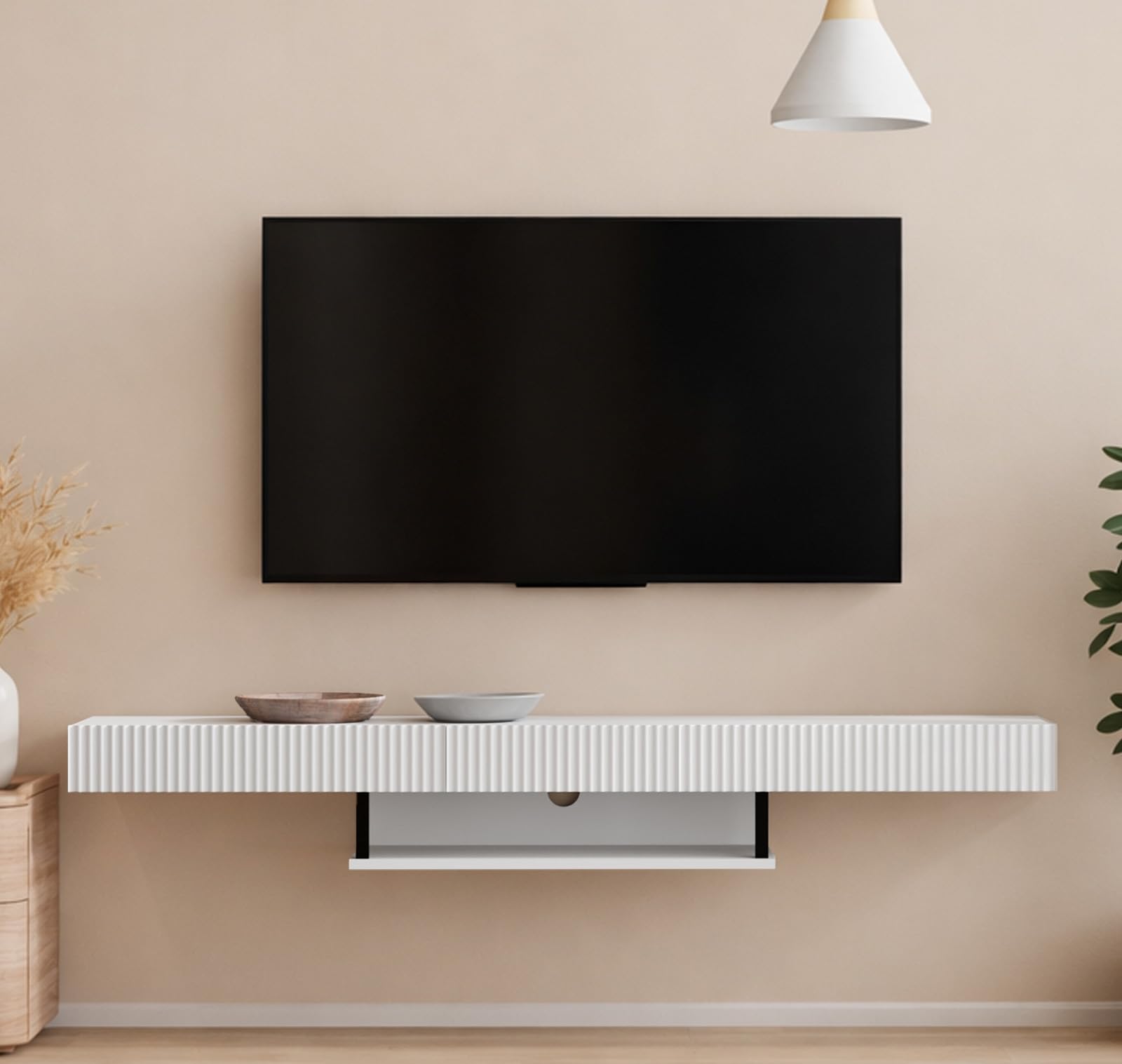 MB Muebles Bonitos | Mobile TV sospeso 150 cm colore bianco Renzo | Per soggiorno e sala da pranzo moderni | 1 cassetto | Struttura in melamina opaca 150x40x22 cm