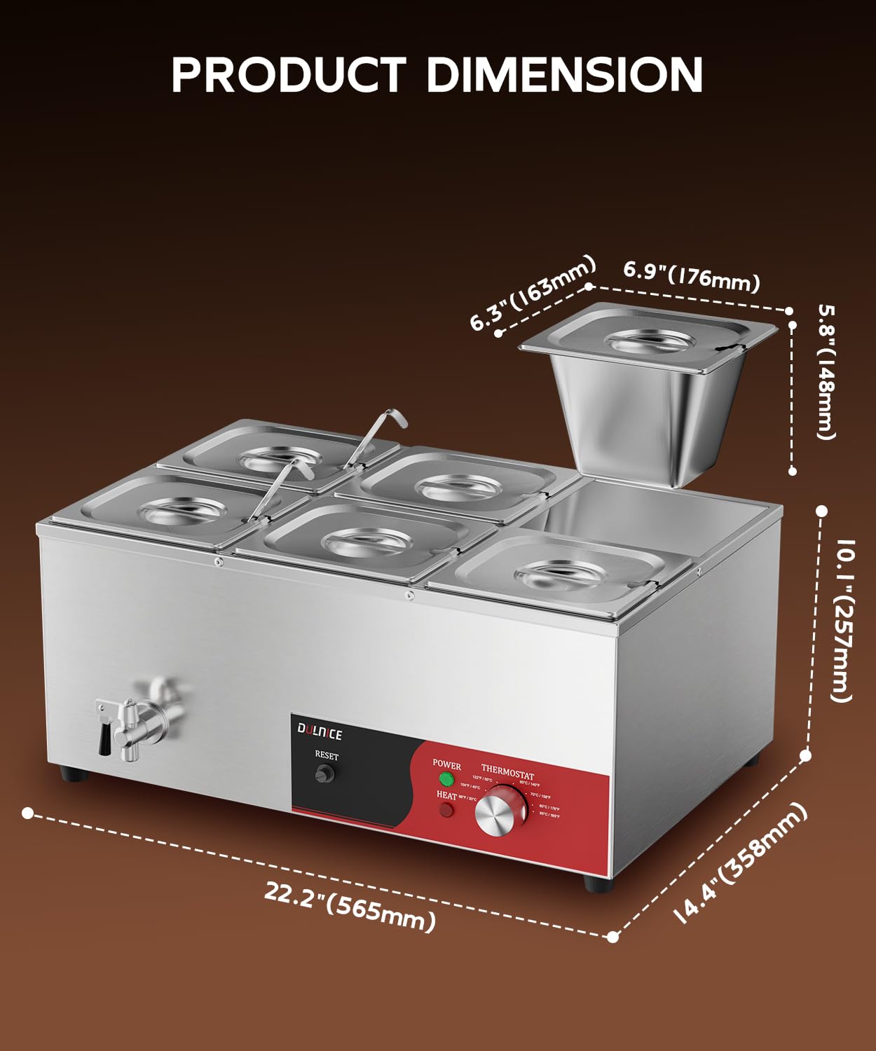 Bain-Marie Électrique 6 bacs avec Réinitialisation, Réchauffeur Électrique Commercial pour Buffet 1500W avec Robinet de Vidange et Cuillère à Soupe pour Cantines et Cafés, Contrôle de la