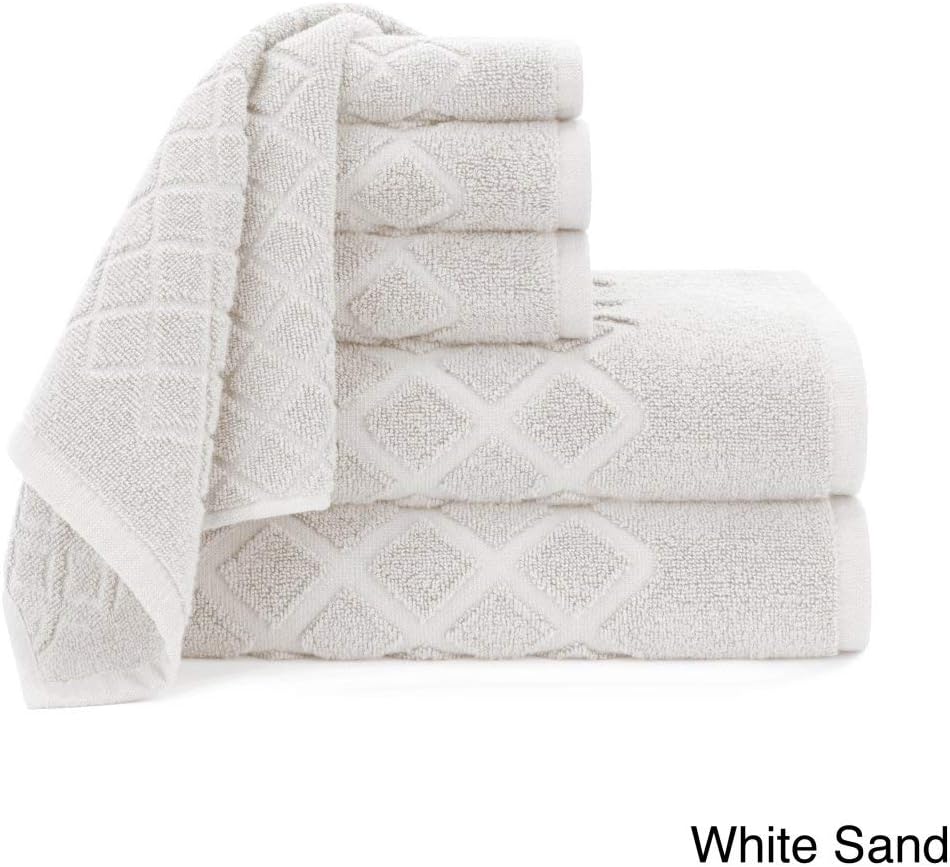 UK4 6 Piece White Jacquard Towel Set, Sand Diamond Pattern Theme Solid Colored Textured Bath Towels Sleek Trendy Modern Bathroom Shower Hand Washcloth Shower Bathtub, Cotton