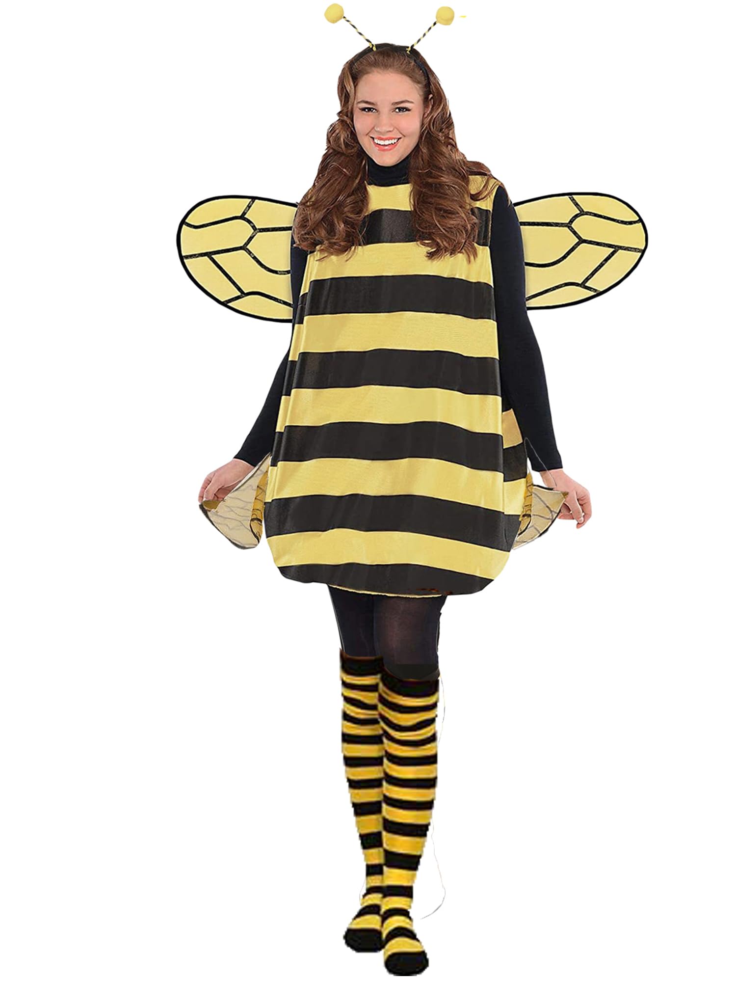 YILEEGOO Bee Costume Adult Halloween Bumblebee Costume with Headband Dress Wings Leggings for Halloween Theme Party (Standard, XXL, Tunic+Headband+Wings+Socks)