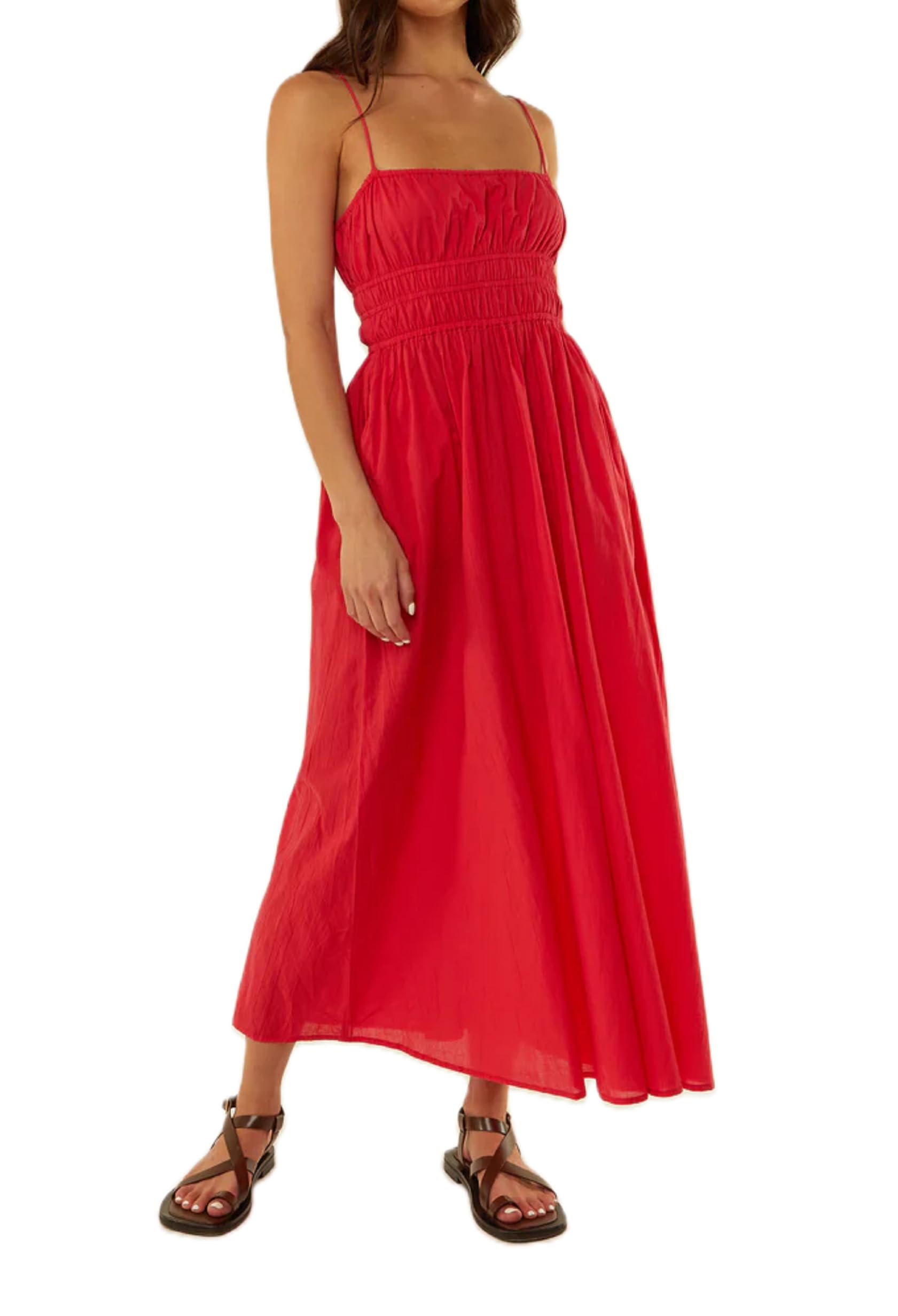 Women Striped Smocked Maxi Dress Sleeveless Backless Pleated Cami Long Dress Spaghetti Strap Boho Floral Aline Sundress