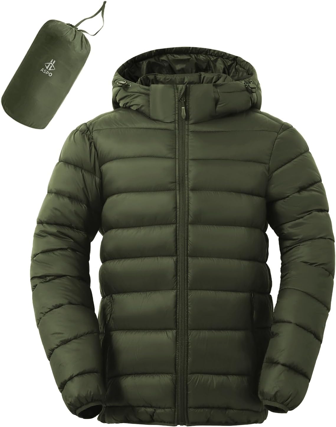 ASPO Men's Packable Puffer Jackets Winter Lightweight Detachable Hood Water-Resistant Down Coats Warm Insulated Hiking Travel