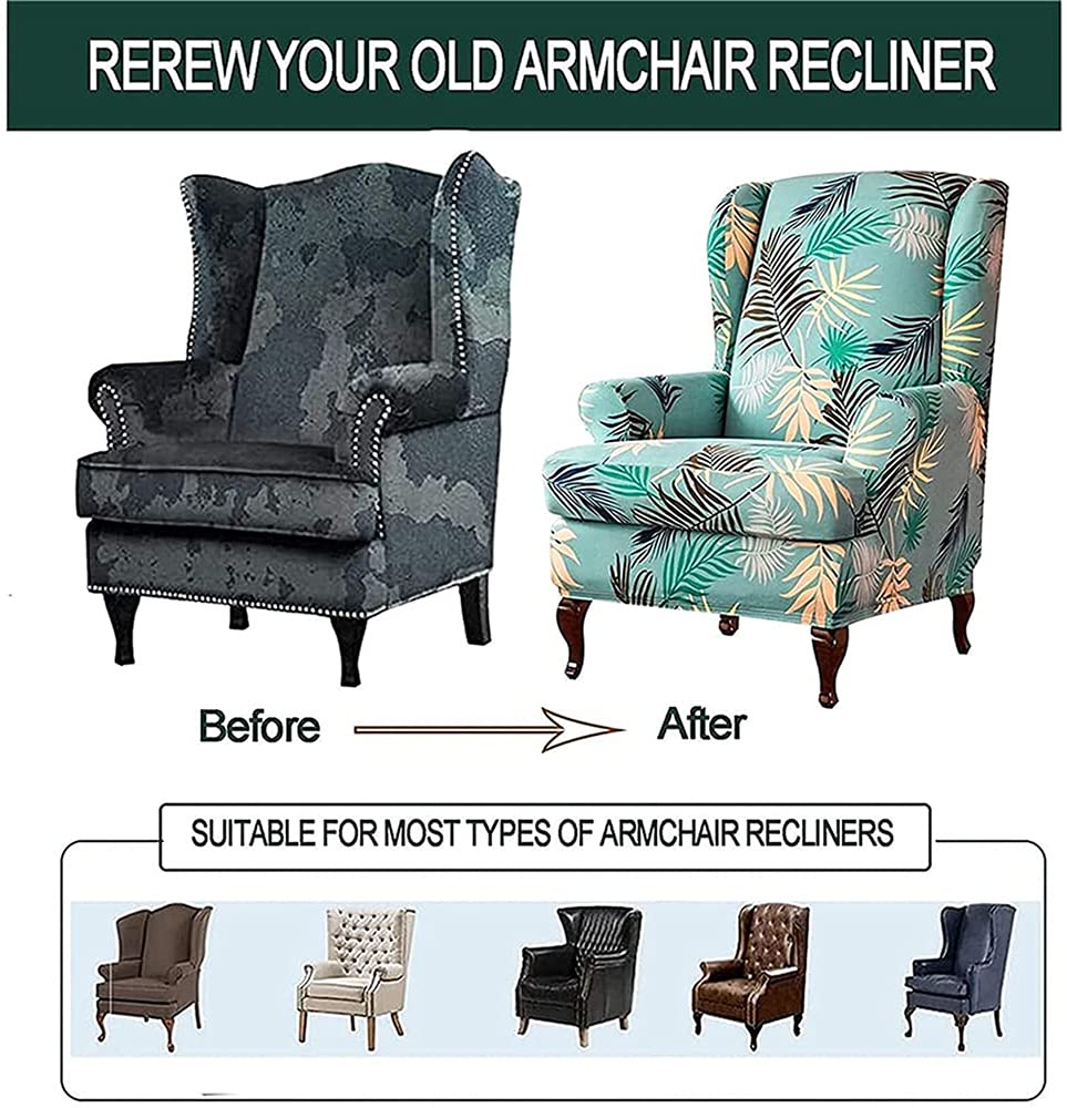 Highdi Copripoltrona Con Orecchie, 2 Pezzi, Elasticizzato, Stampa Puzzle Blu, Per Poltrone Wingback, Lavabile In Lavatrice