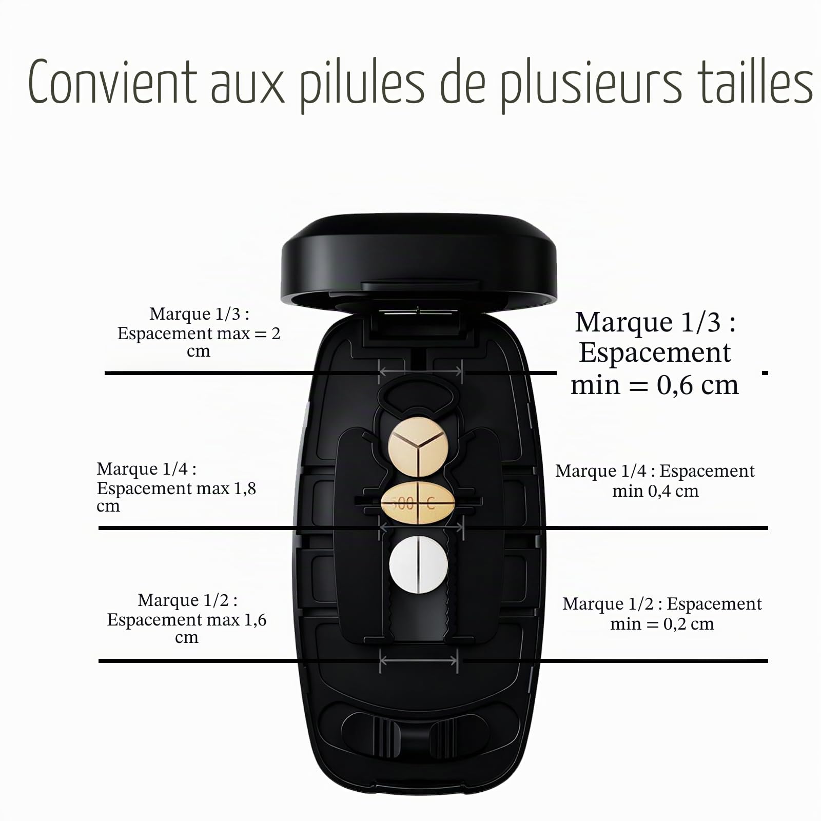 Coupe Combiné, Portable Coupe Medicaments Peut Diviser les Comprimés 1 en 2, 1 en 3, 1 en 4 pour les Voyages et la Maison (Noir)