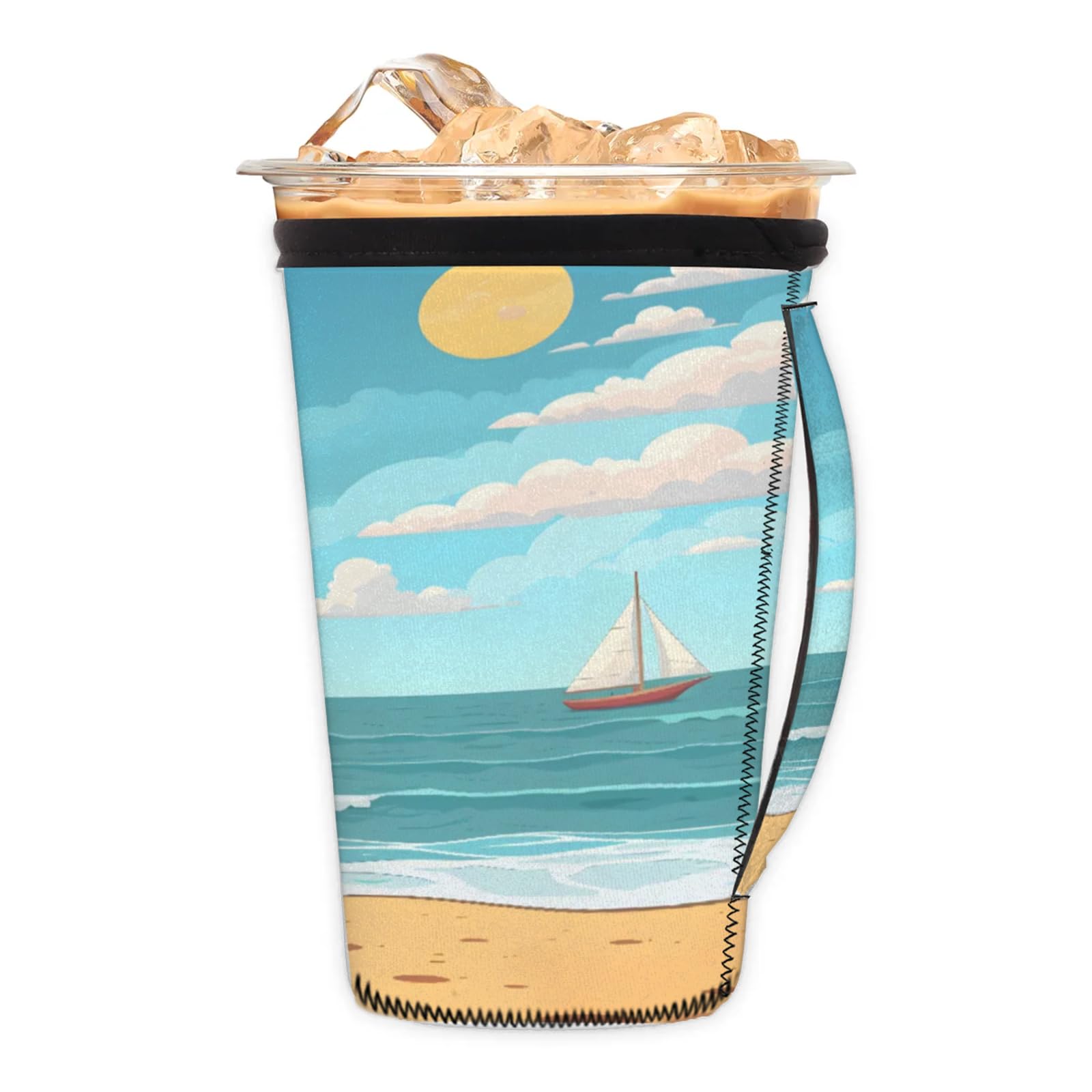 Ocean Sailing Scenery Reusable Neoprene Coffee Sleeve with Handle Insulated Iced Coffee Cup Holder Reduces Condensation Fits 24-28 oz Cups M