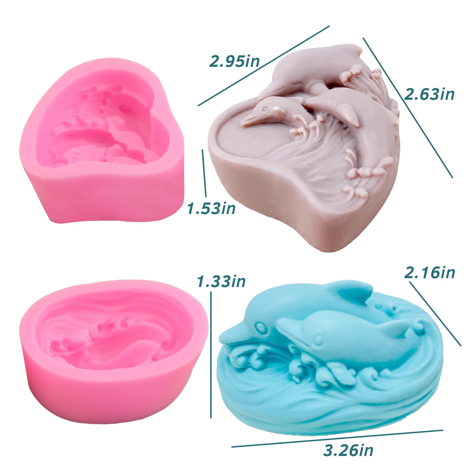 2 stampi per sapone a forma di delfino in silicone 3D a forma di delfino marino, per sapone, candele, cera, resina epossidica marina, argilla polimerica, arte artigianale, cioccolato, fondente, torta