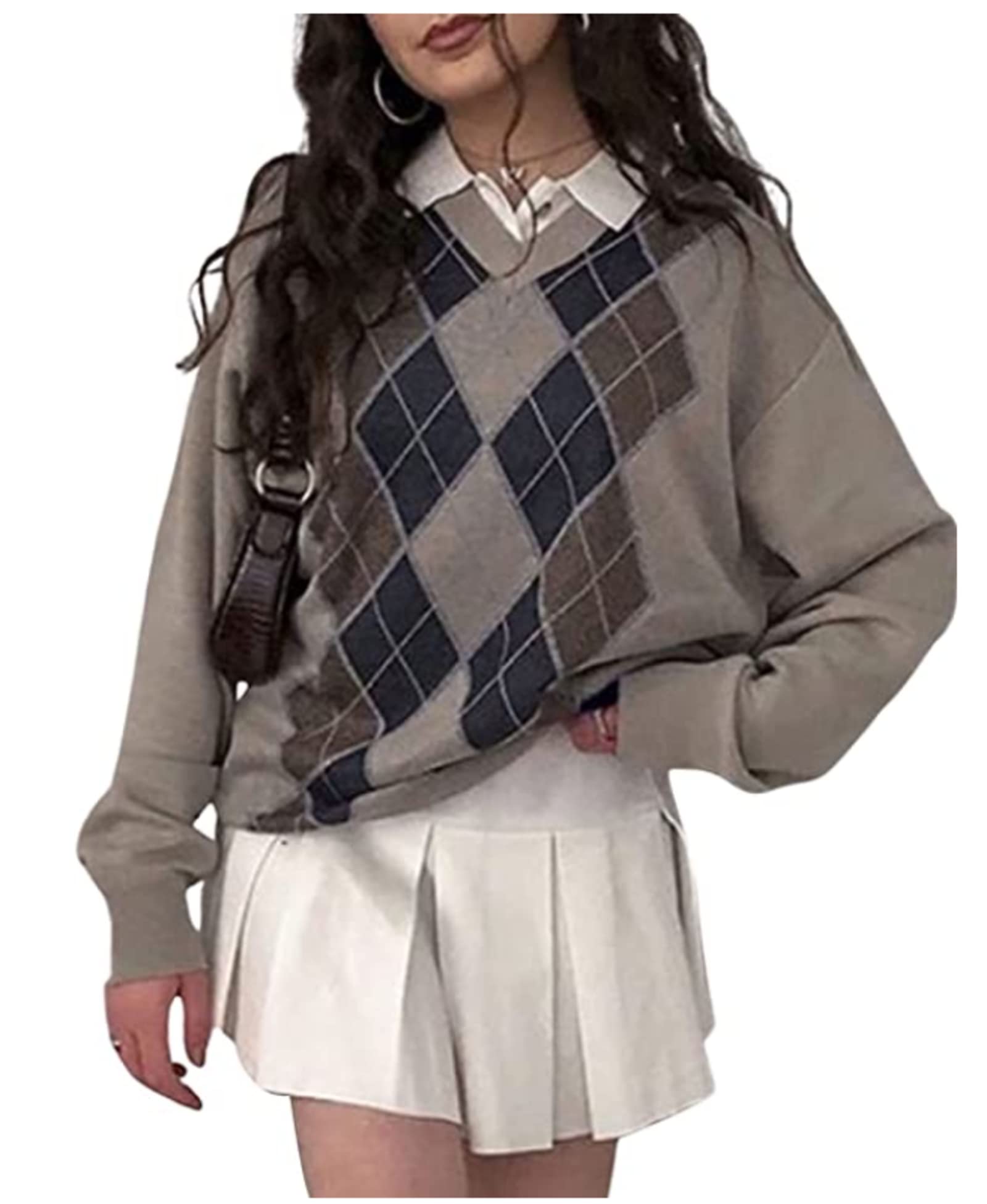 NC 女式格子针织毛衣女装学院风菱形格V领宽松休闲长袖上衣