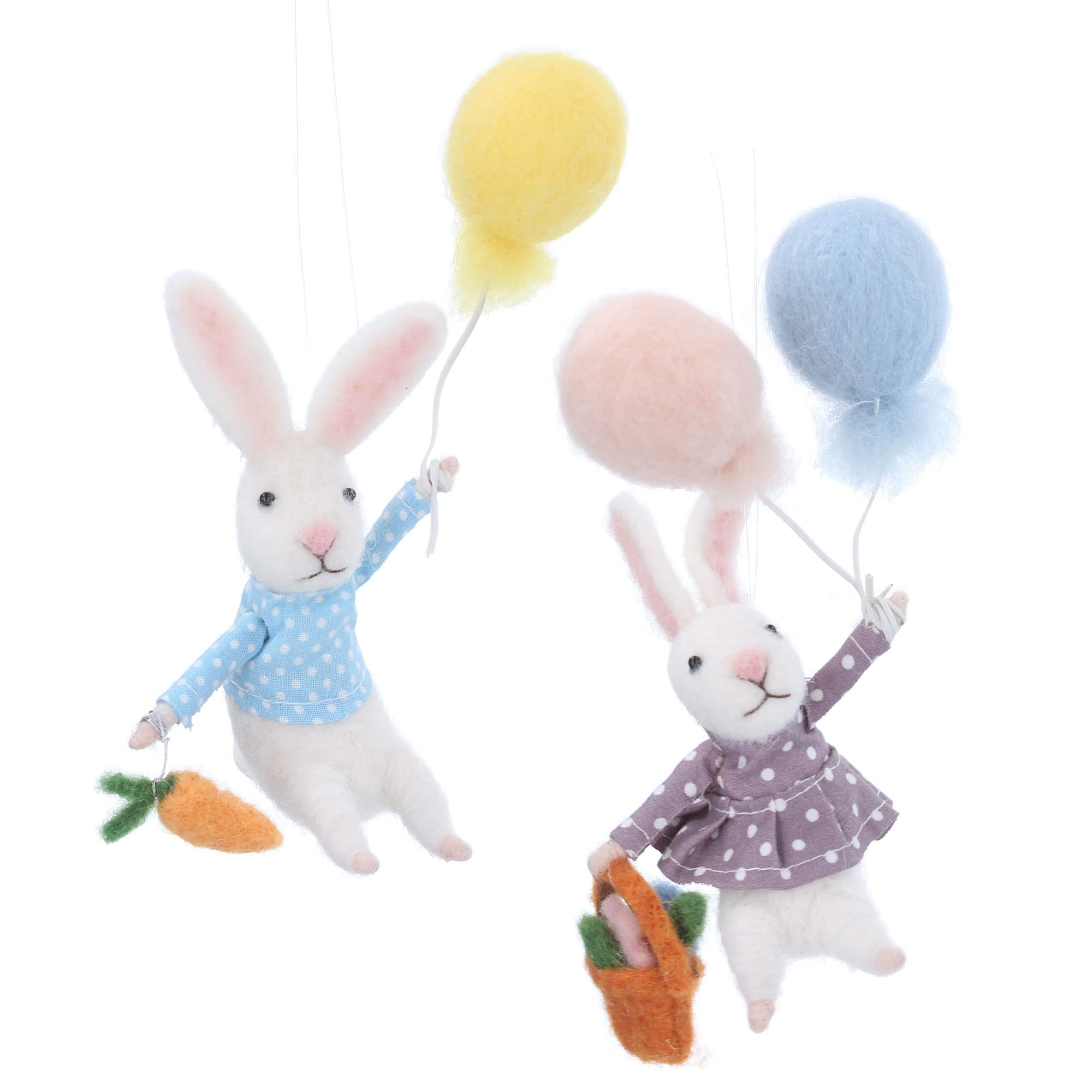 Gisela Graham Set of Two Felt Rabbits with Balloons Easter Decorations Hanging Ornament