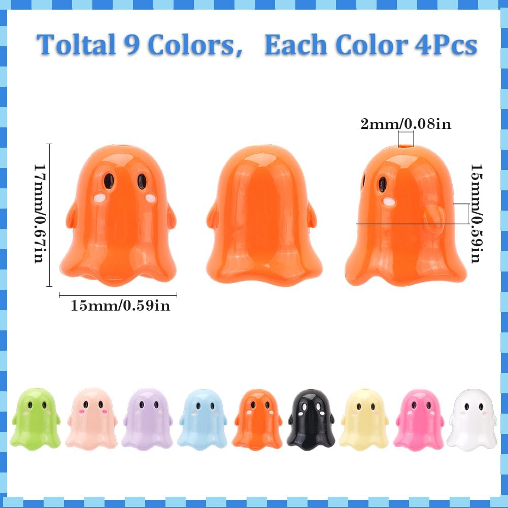 SUNNYCLUE 1 Box 36Pcs 9 Colors Ghost Beads Jewelry Halloween Beads Acrylic Opaque Colorful Cartoon Ghost Spacer Loose Bead for Halloween Jewelry Making Bracelets Necklaces Beaded Supplies DIY Crafting - Image 2