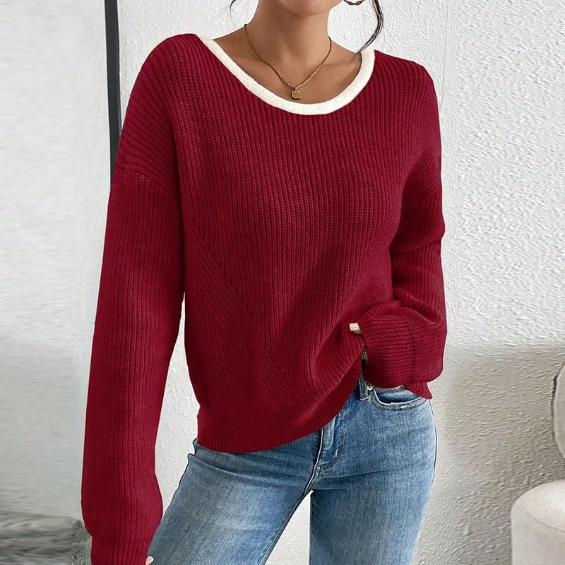 utcoco Women's Backless Bow Knit Sweater Long Sleeve Contrast Trim Crew Neck Loose Pullover Top for Fall & Winter - Image 2